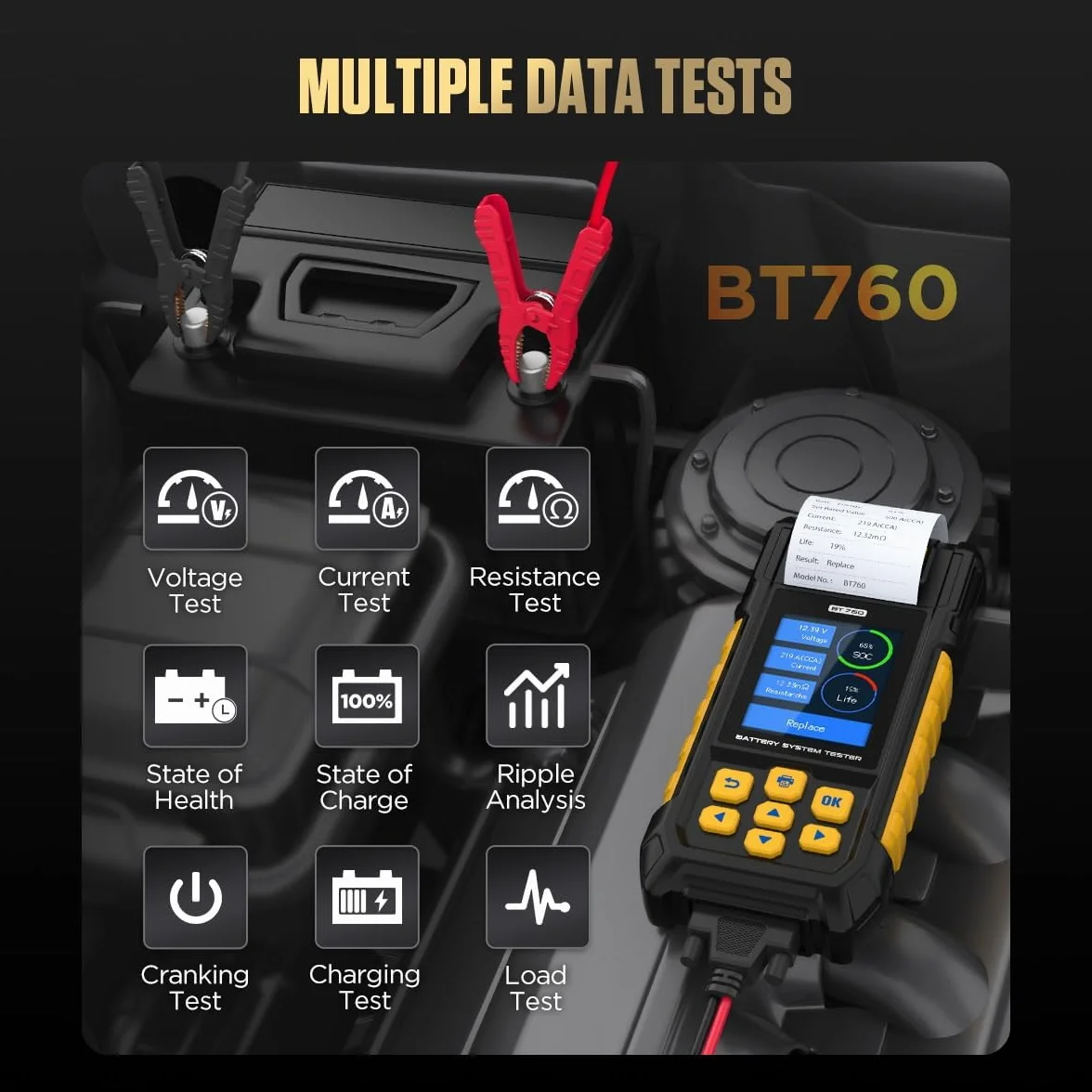 AUTOOL BT760 - Tester di carica batteria 12 V/24 V per autoveicoli con 30-2000 CCA, analizzatore di batteria per avviatori e sistemi di ricarica con stampante per camion, auto, moto e altro ancora