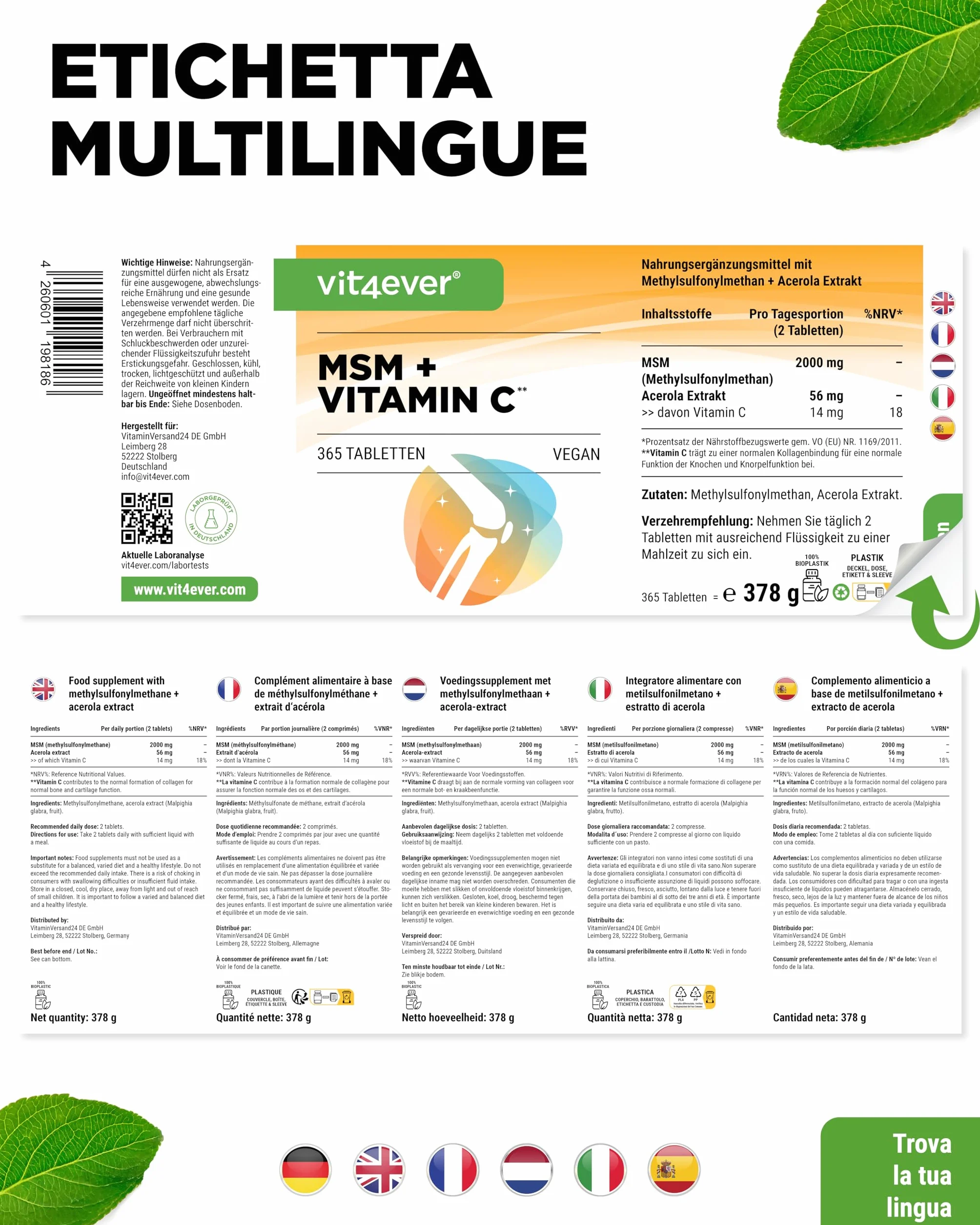 MSM 2000mg 365 compresse con vitamina C naturale da acerola vegan
