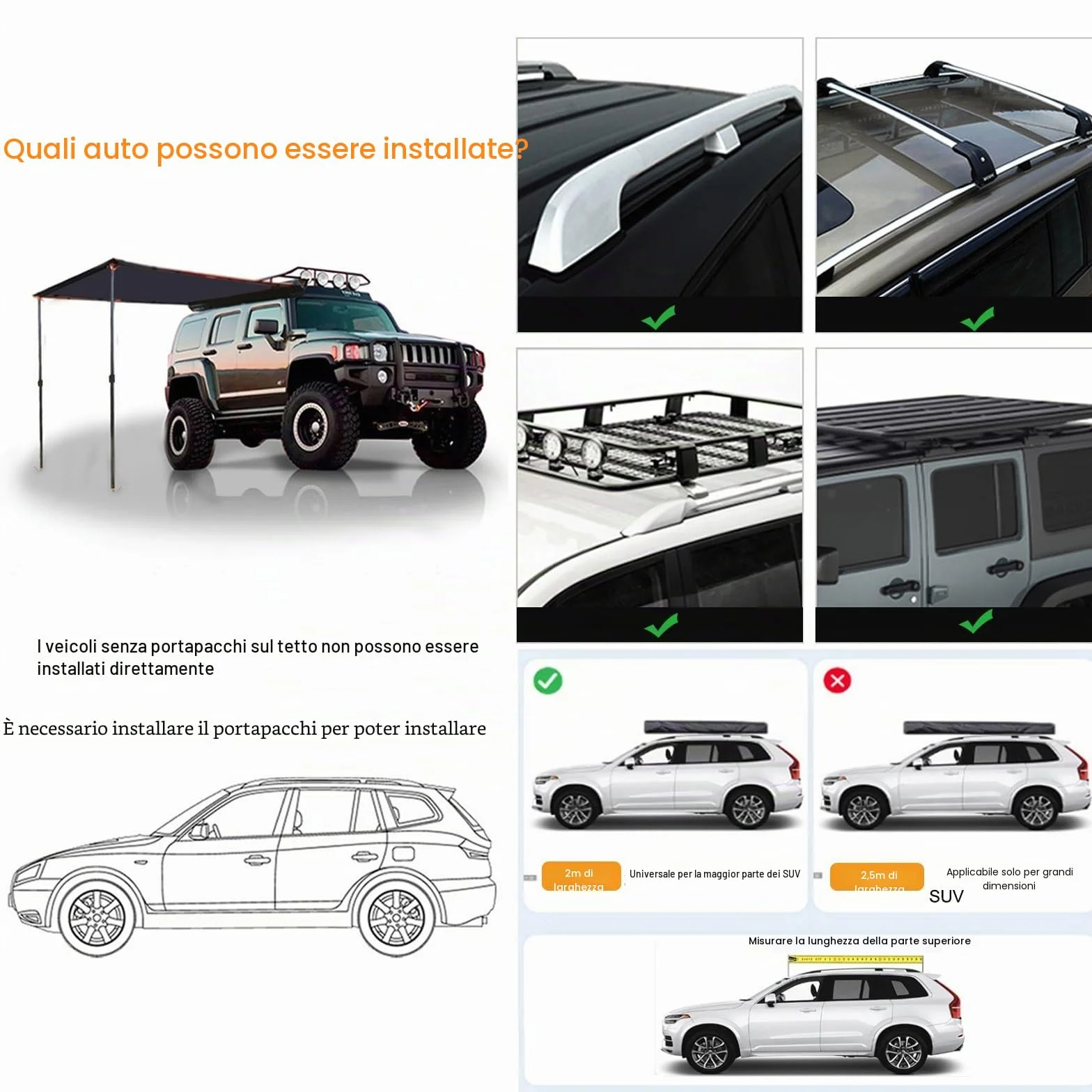 Tenda da Tetto Auto, Tenda da Sole Retrattile UV50+ Impermeabile, Tendalino Laterale/Posteriore per Camion SUV Furgoni Camper da Campeggio Escursione Viaggio (Size 180x250cm/5.9x8.2ft)