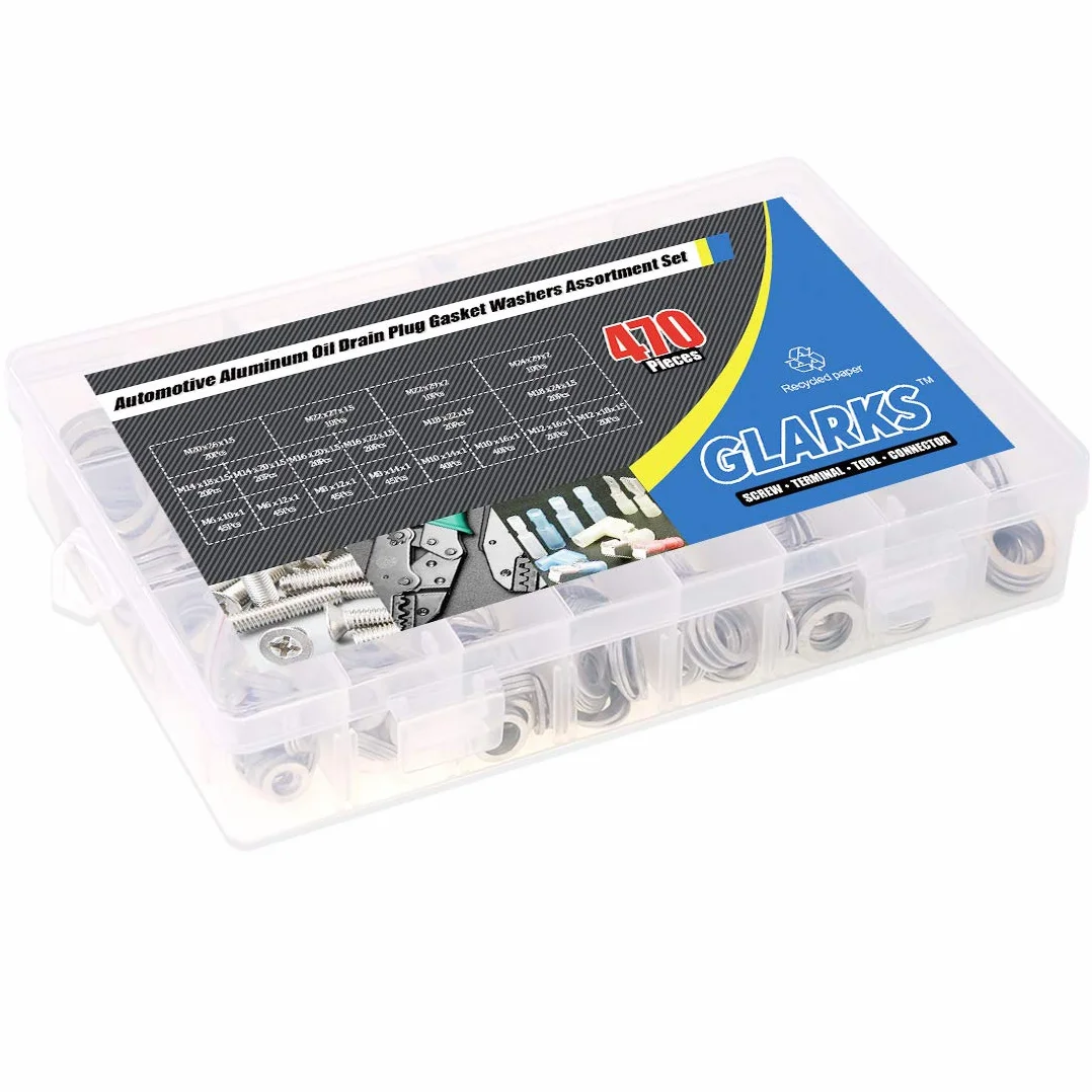Glarks Set di guarnizioni per tappi di scarico dell'olio metrico in alluminio automobilistico da 470 pezzi, dimensioni M6 - M24
