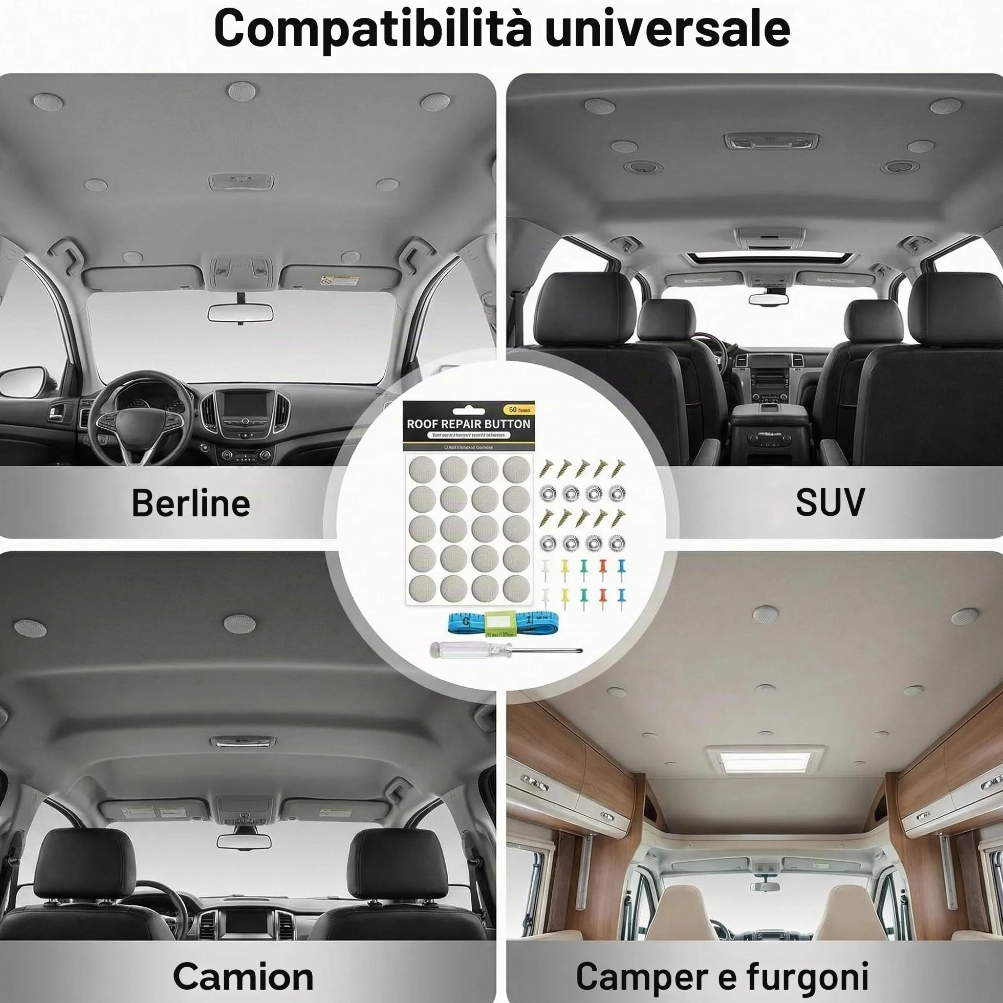 Wenrescry Set di riparazione universale per tettuccio auto, 100 pezzi, clip e bottoni con 100 perni di posizionamento, cacciaviti e metro a nastro, resistente alla ruggine