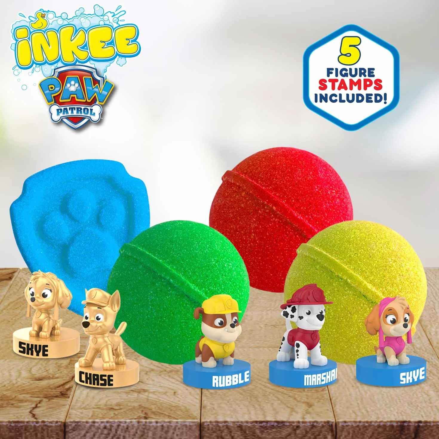 Confezione regalo INKEE PAW PATROL - 4 bombe da bagno per bambini con olio di mandorle e 5 figure da collezionare