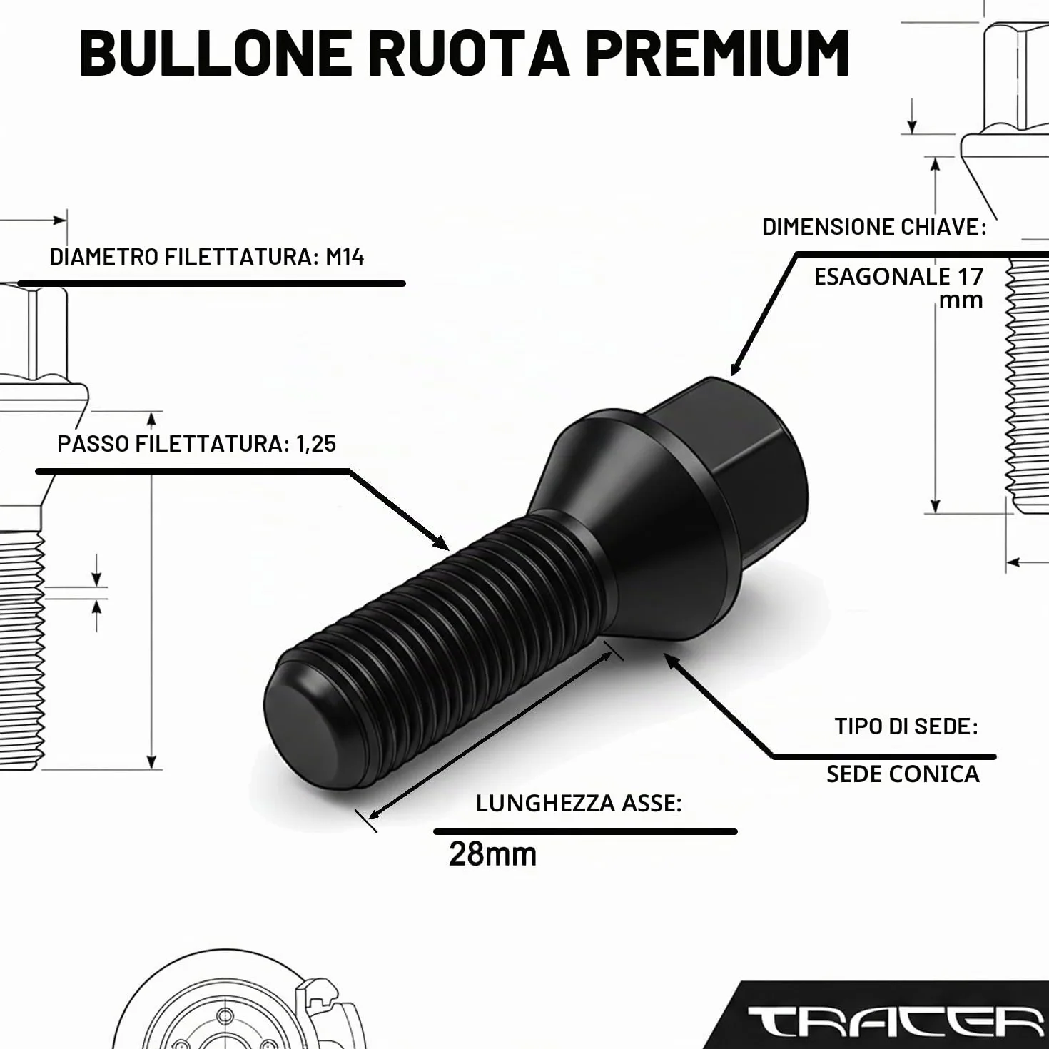 TRACER 20 bulloni neri per ruota M14 x 1,25 28 mm compatibili con BMW