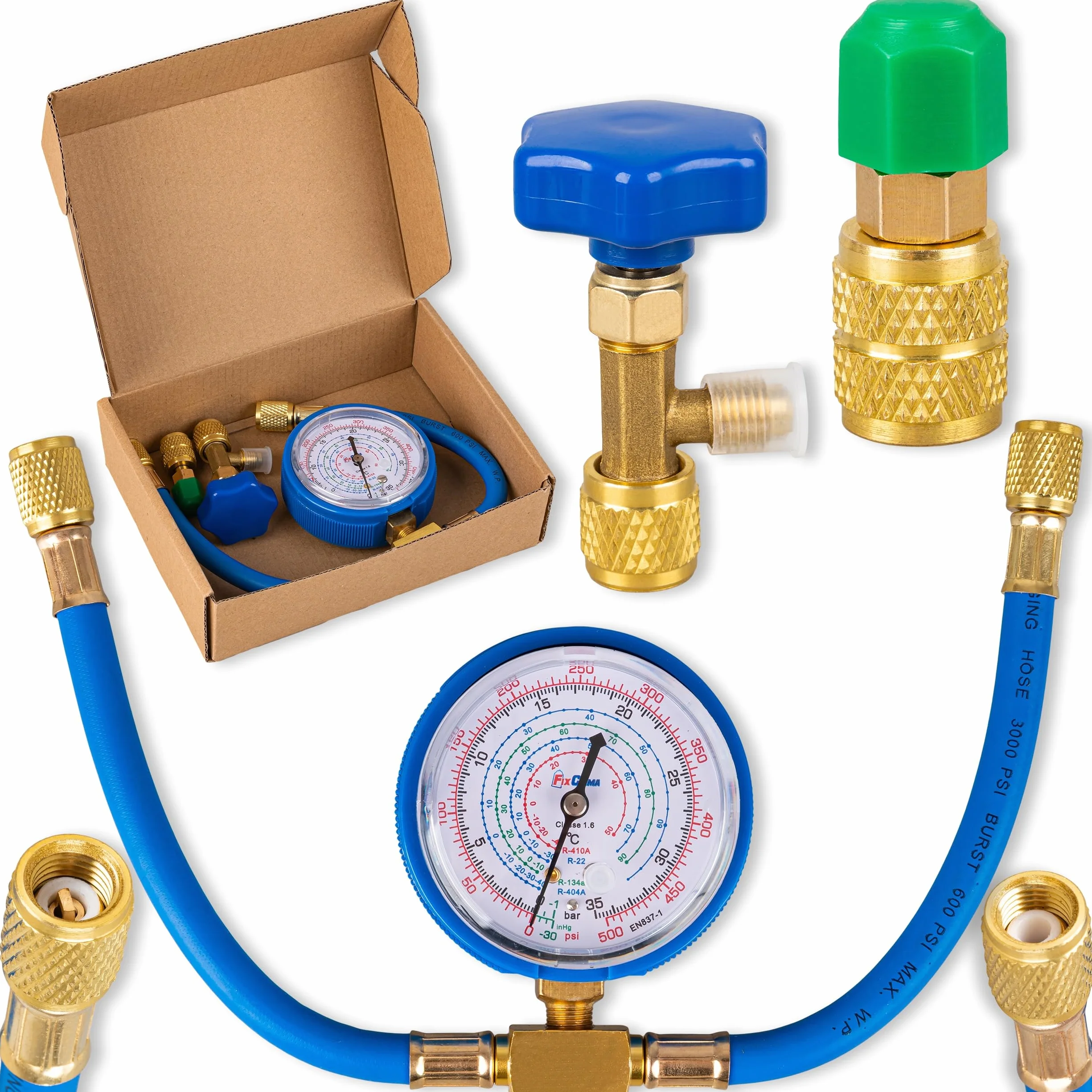 FixClima R32 - Refrigerante 2 x 400 g, con tubo, manometro e adattatore, gas di ricarica per condizionatori d'aria per sistemi split e monoblocco, forte capacità di raffreddamento, qualità
