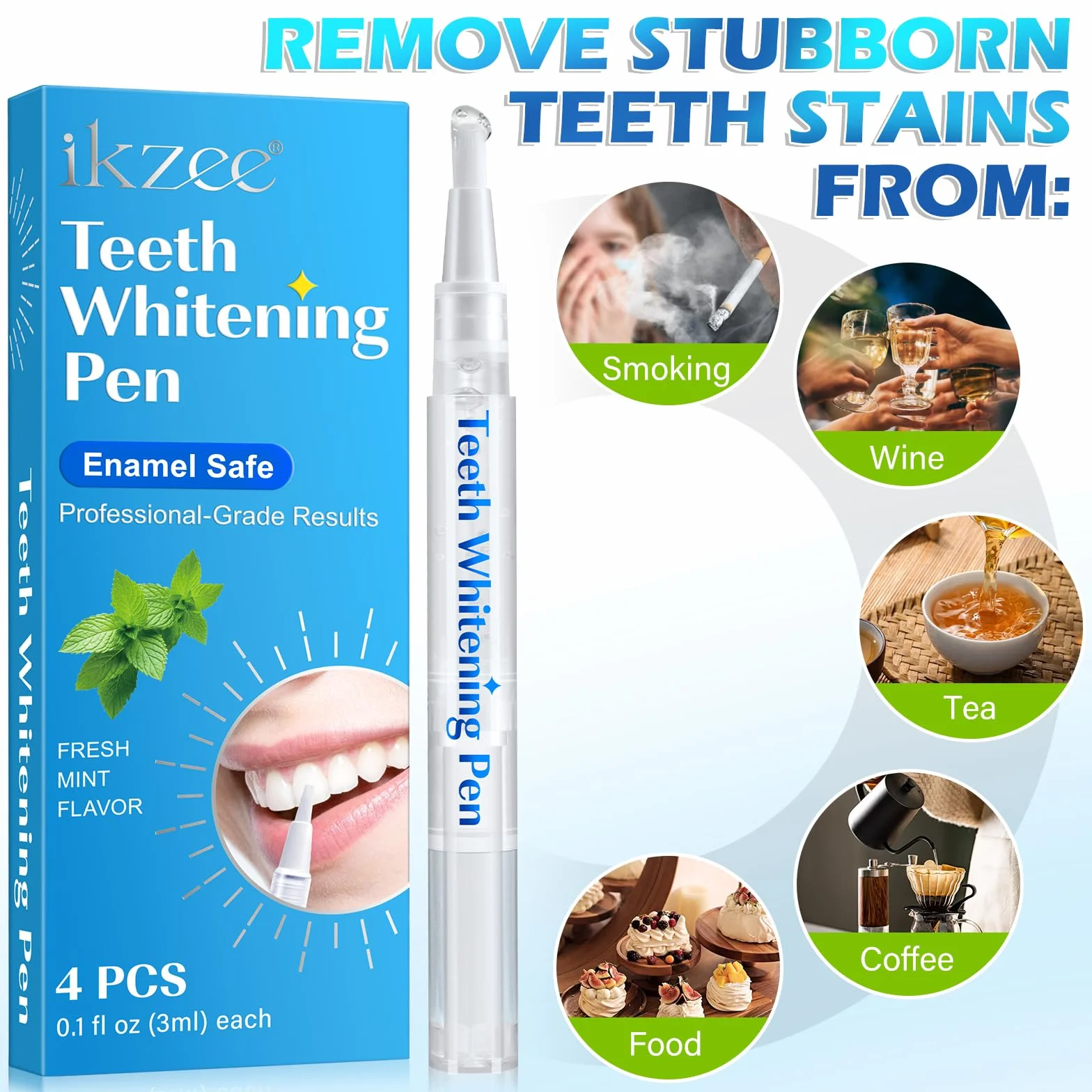 Penna Sbiancante per Denti 4 Confezioni, Gel Sbiancante Indolore, Sicuro per lo Smalto, Gusto Menta