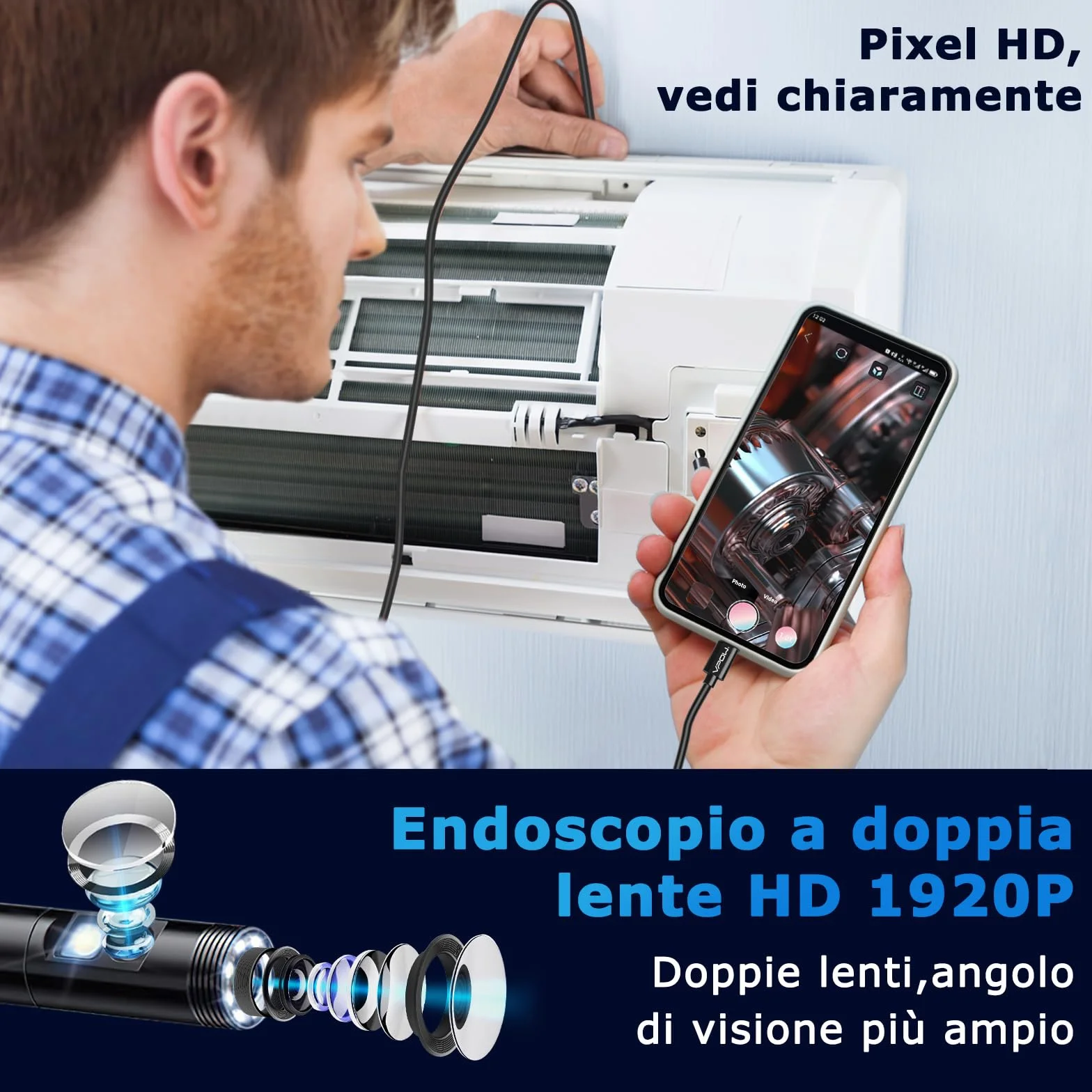 Telecamera Ispezione Endoscopio HD 1920P USB Doppia Lente 5M Cavo Semirigido 8 LED Senza WiFi per iPhone Android iOS