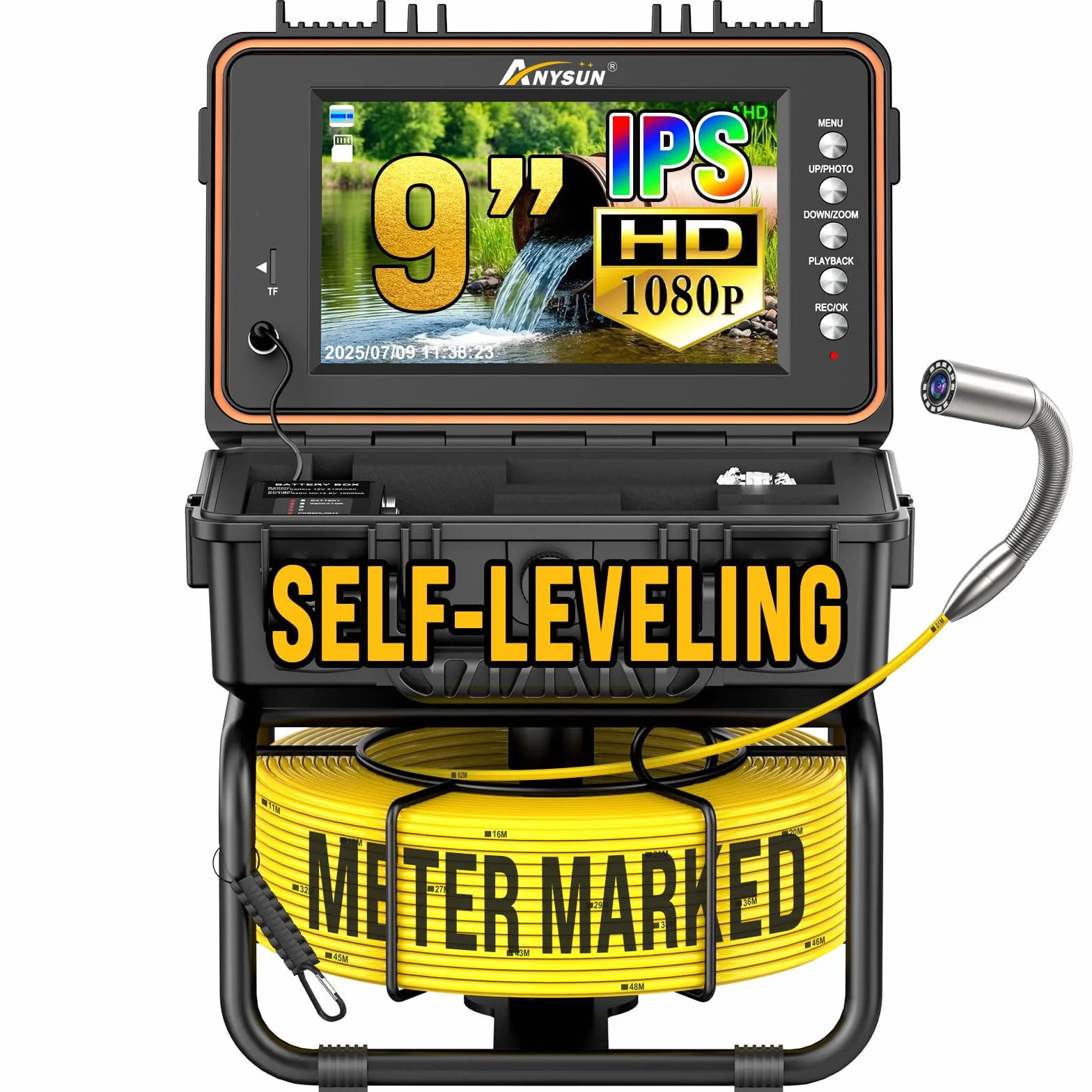 Anysun Telecamera di Ispezione 1080P IP68 23mm Schermo IPS 9" Batteria 5100mAh Endoscopio DVR