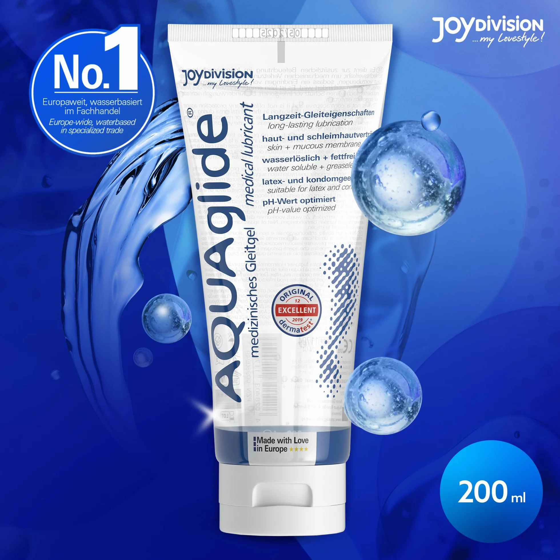 JOYDIVISION Originale AQUAglide 200 ml Gleitgel Naturale, Lubrificante Cristallino & Vegano, Ottimizzato per il pH