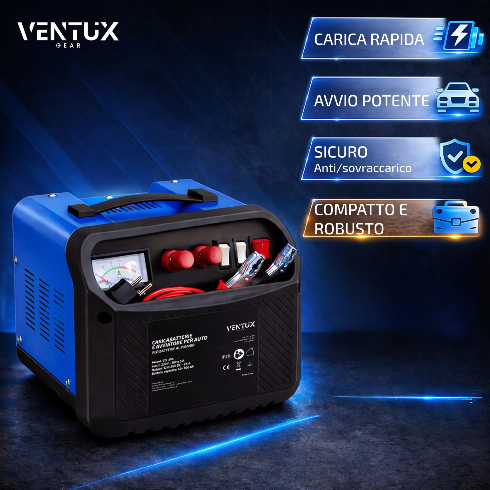 Caricabatterie e avviatore 12V/24V Ventux Gear CD-30S – Per Batterie al Piombo, Funzione Start 160A/260A, Amperometro Analogico, Protezioni di Sicurezza, Uso Auto e Officina