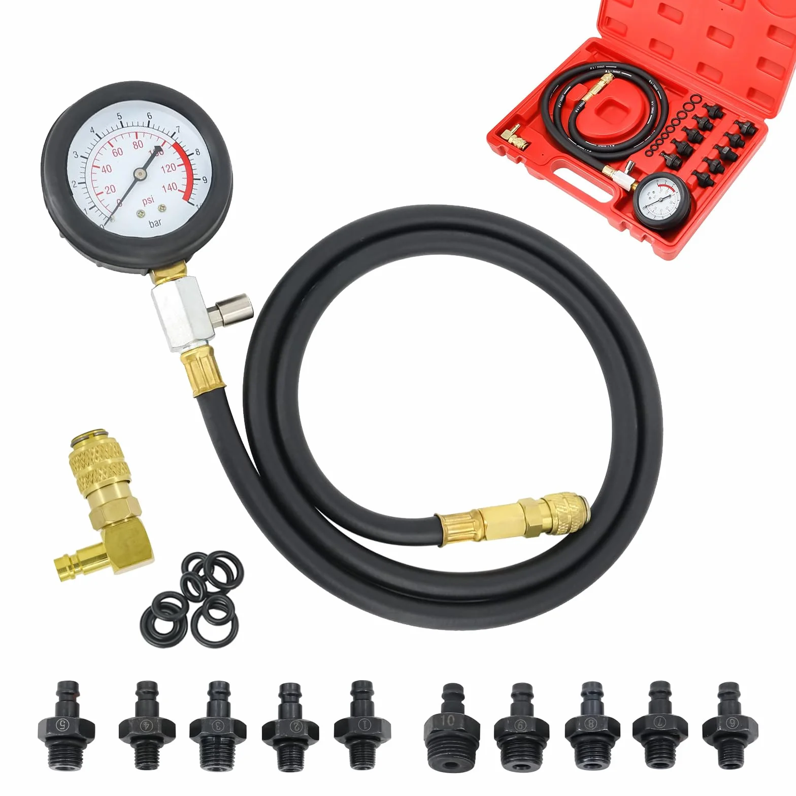 FreeTec Tester Pressione Olio, 0-140 PSI Manometro Pressione Olio Motore, Kit Misurazione Pressioni Oli, Attrezzo Prova Pressioni Oli Auto con Tubo e Adattatori per VW BMW Opel Ford Fiat (Rosso)