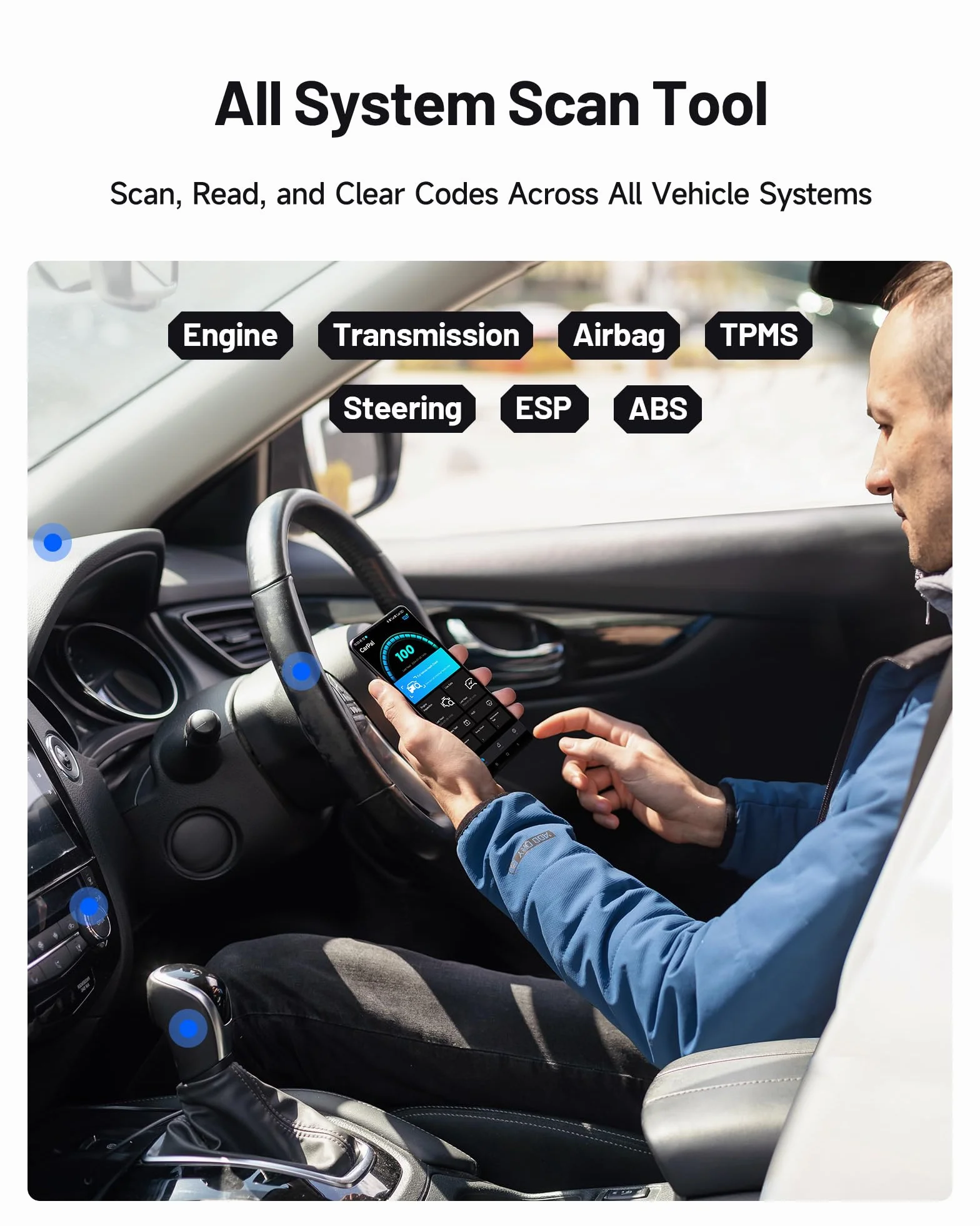 TOPDON CarPal OBD2 Bluetooth Scanner per iOS Android, Diagnostica Auto Completa, 6 Funzioni Reset, Controllo Smog