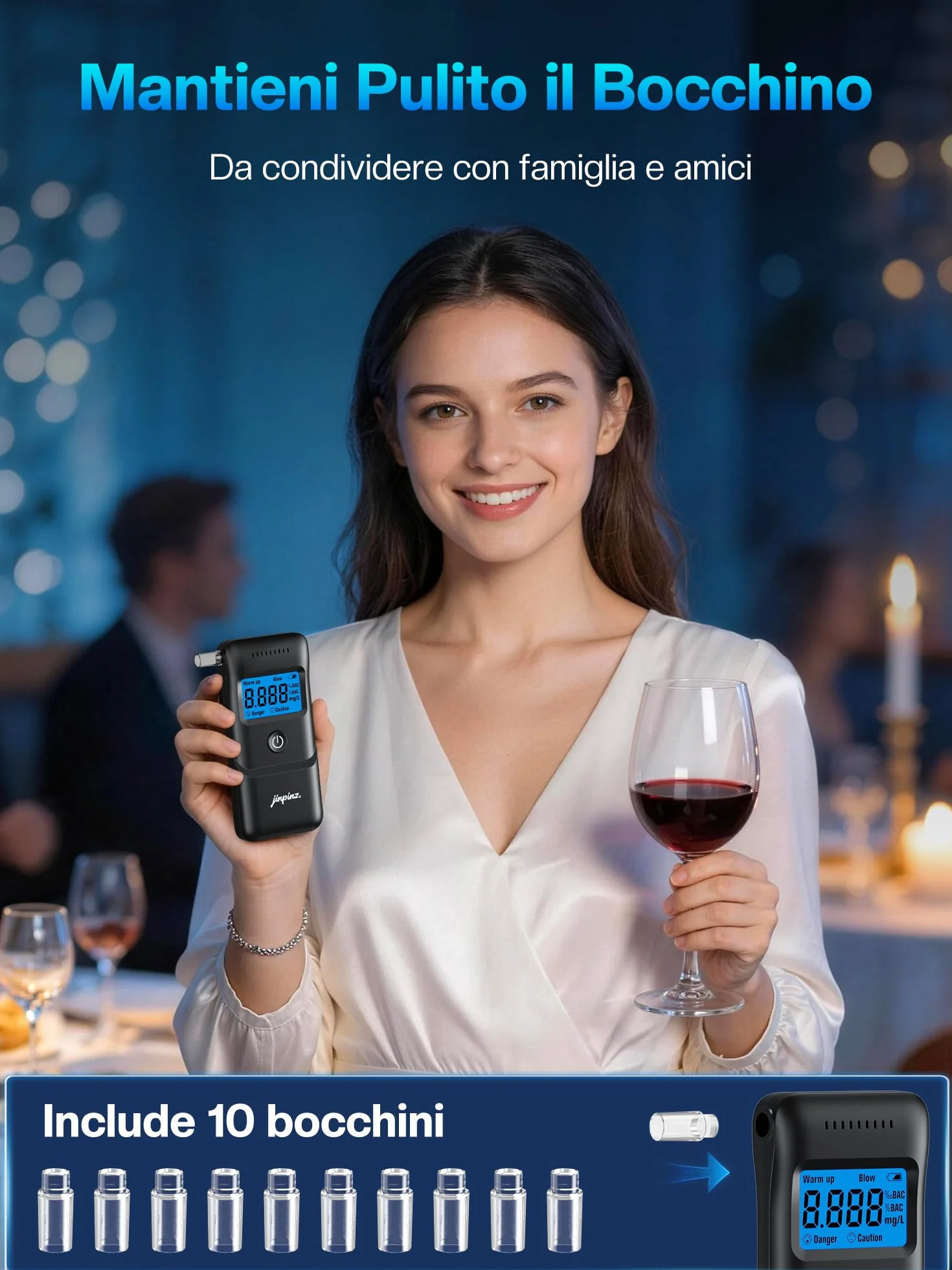 Etilometro Portatile Certificato Alcol Test con Sensore Rapido 10 Bocchini Display LCD Blu Nero