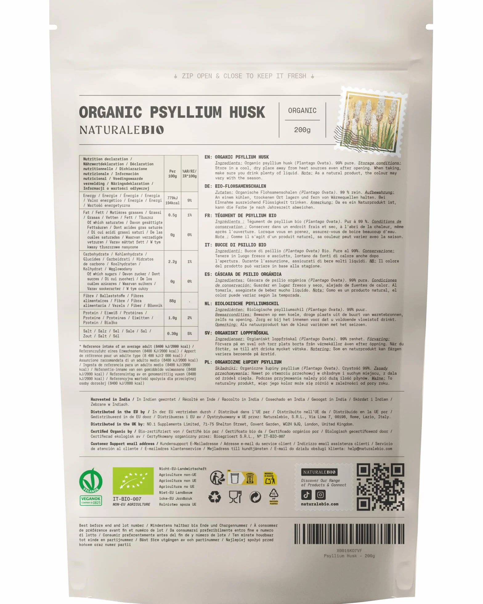 NaturaleBio Bucce di Psillio Biologico 200 g Purezza 99% Psyllium Husk Bio Naturale Puro Ricco di Fibre