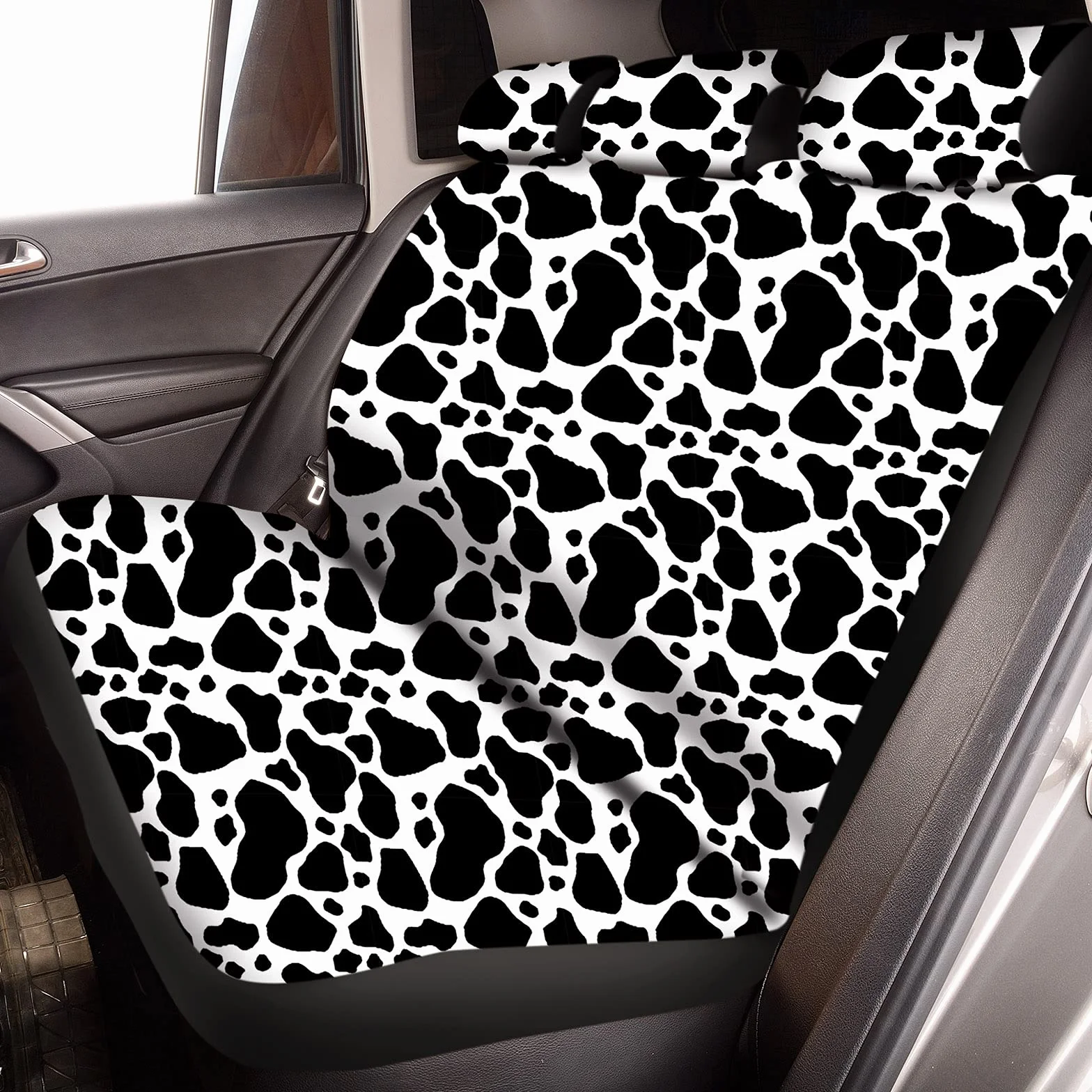 Set completo di coprisedili per auto con stampa di mucca, set completo di accessori per auto con stampa di mucca, volante in gomma, cuscinetto per bracciolo, cuscinetti per cintura di sicurezza