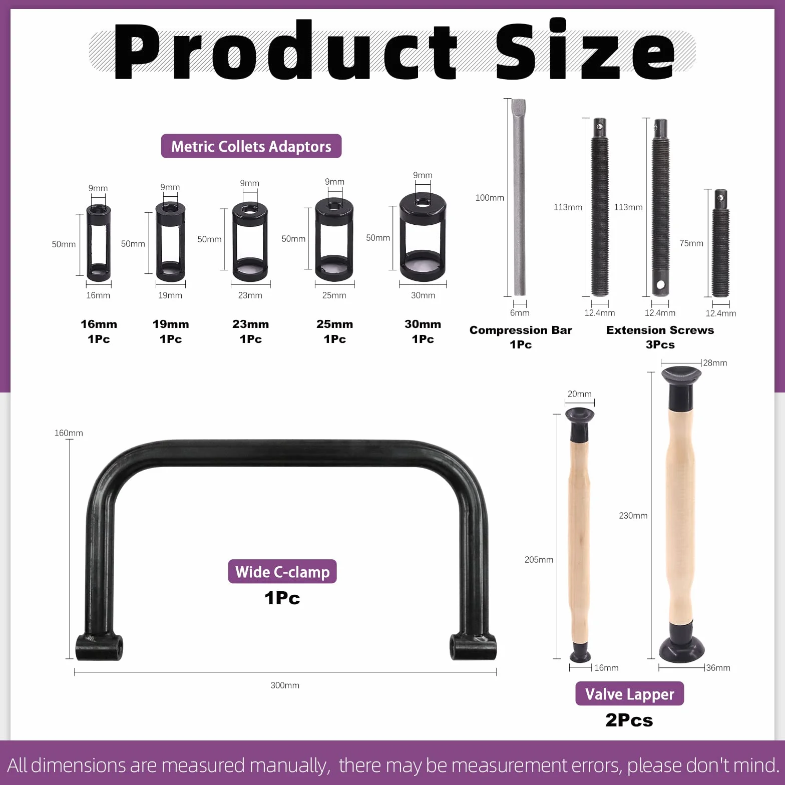 Swpeet Kit assortito di 13 attrezzi per compressore a molla per valvola, include 5 adattatori pusher, viti di estensione, set di valvole e barra di compressione per moto, auto e piccoli veicoli a