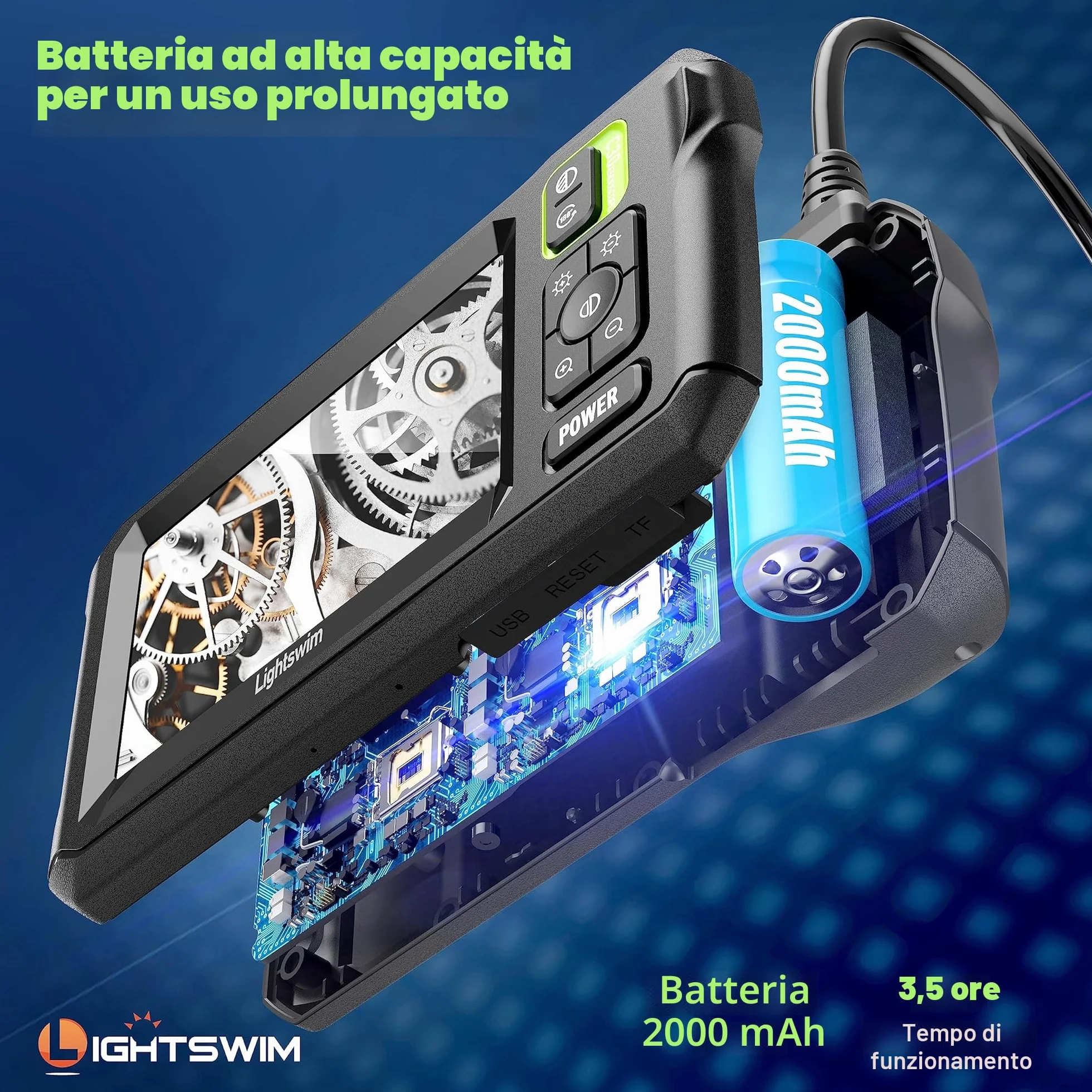 Lightswim Endoscopio industriale HD 1920P 4,3 pollici LCD telecamera ispezione cavo 5m LED