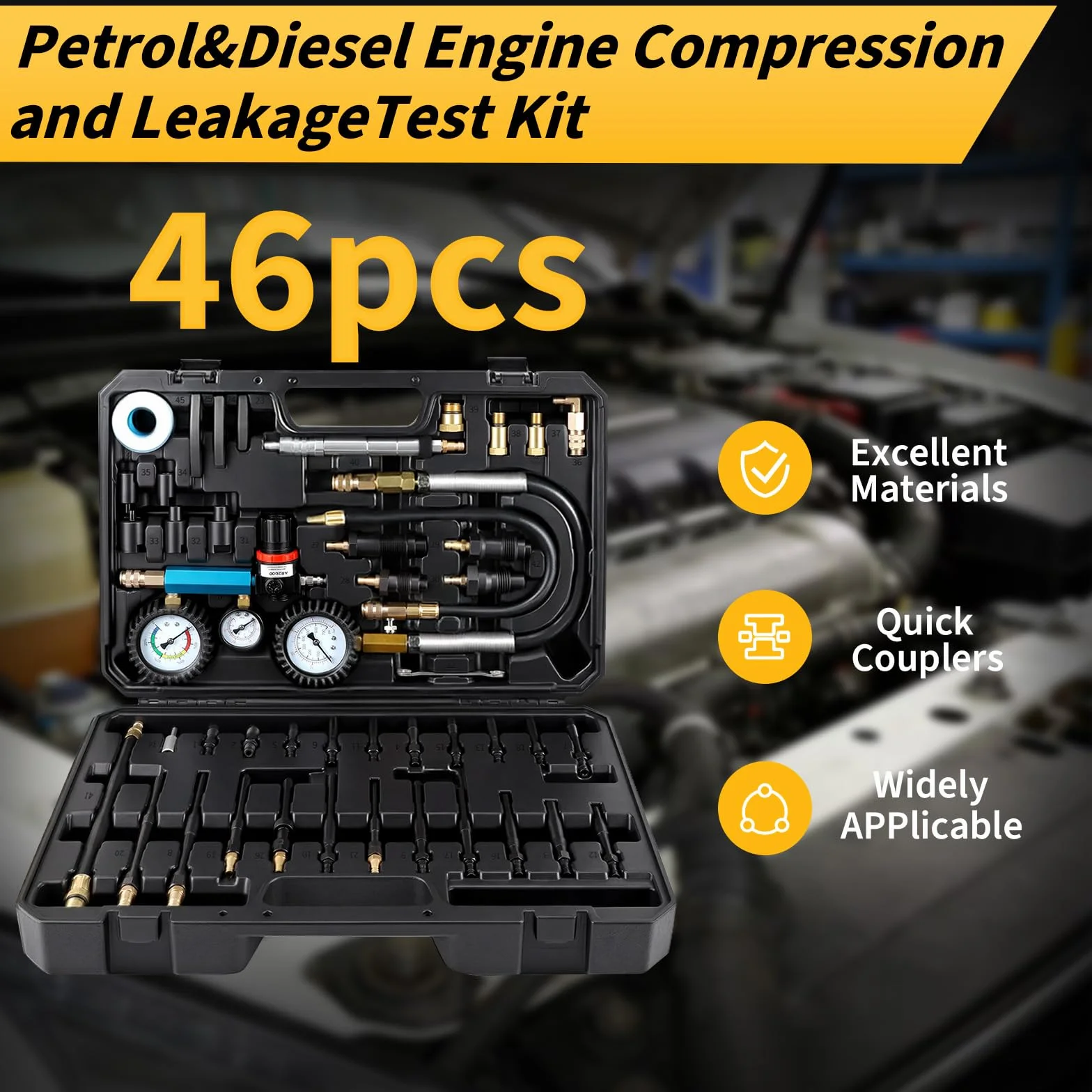 CPROSP 46 pezzi Tester di Compressione e Perdita di Pressione (0-50 Bar / 0-7 Bar), Prova Compressione Motore Benzina e Diesel, Compatibile HDI, TDCi, per Auto, Camion, Bus, Moto