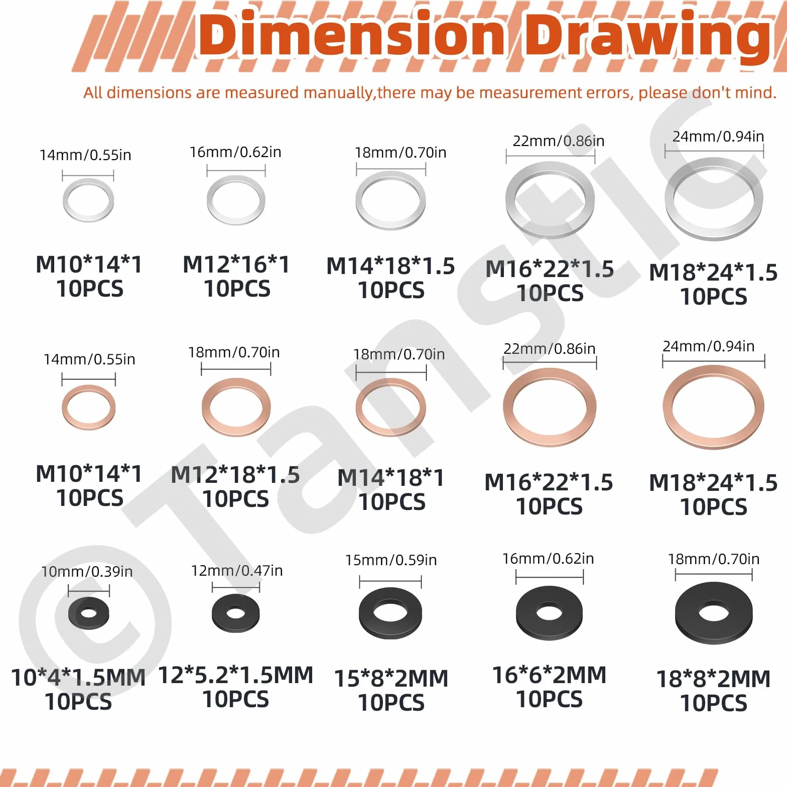 Tanstic 150 pezzi M10 M12 M14 M16 M18 Oil Drain Plug Crush Washer Gasket Seal Assortment, Incuidng 50 pezzi di rame metrico e 50 tappi per olio in alluminio, 50 pezzi di lavatrici piatte in gomma