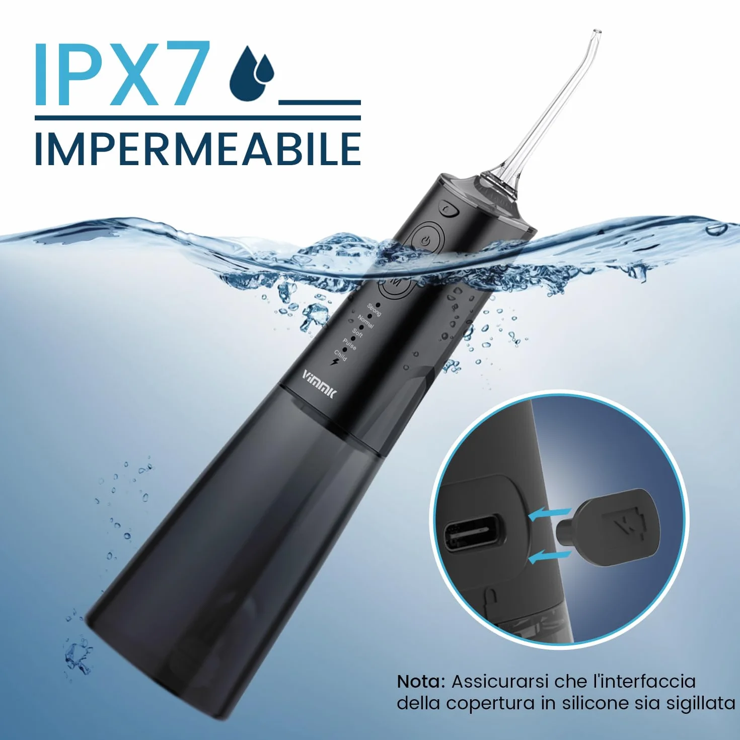 Vimmk Irrigatore Orale Senza Fili, Idropulsore Dentale Ricaricabile Impermeabile IPX7 Nero