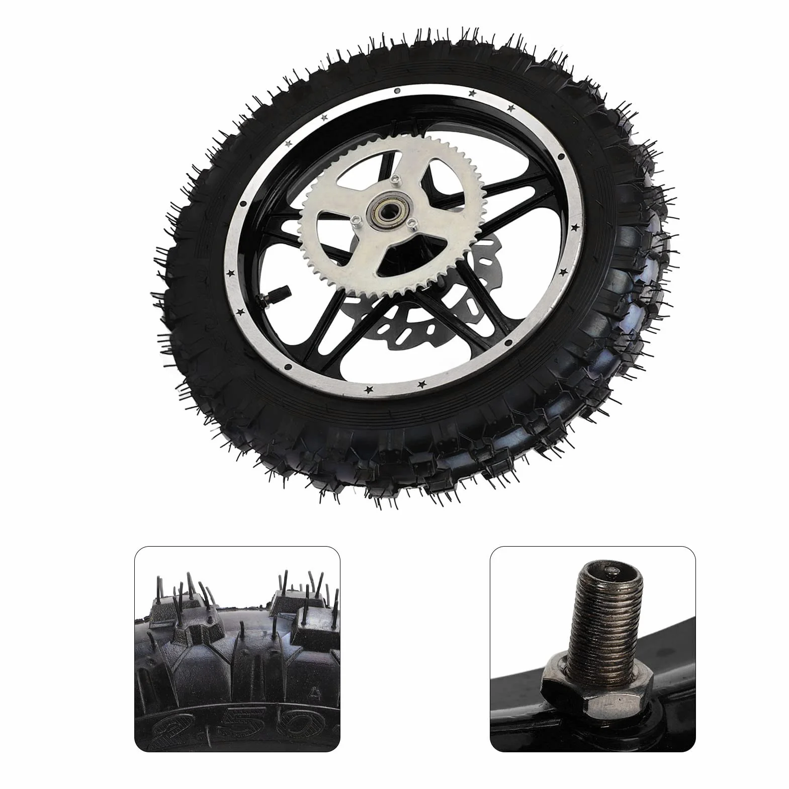 Gruppo ruota posteriore per moto da cross, pneumatico 2,5 x 10, costruzione in gomma e metallo con pignone a disco e cuscinetto