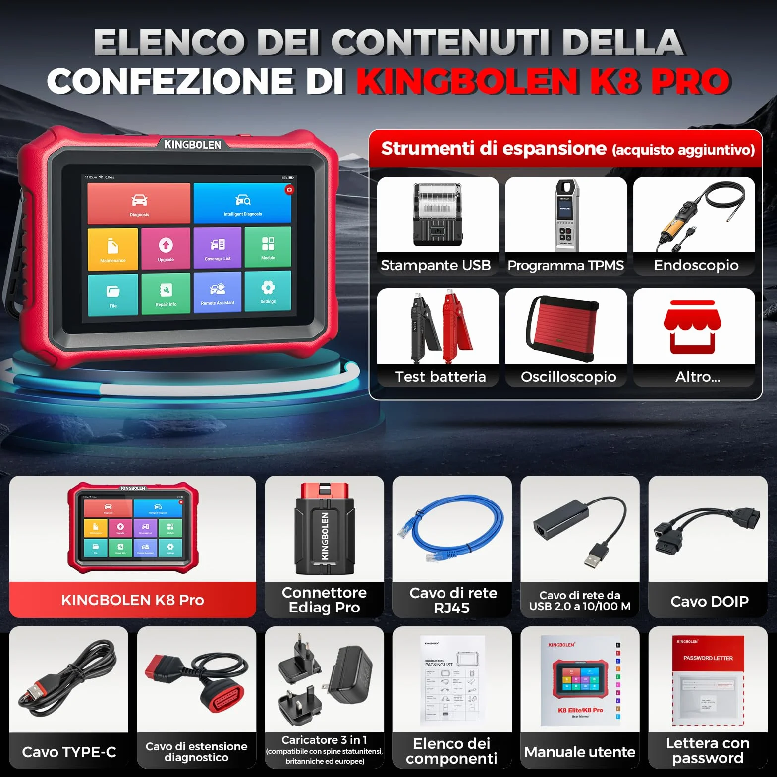 KINGBOLEN K8 Pro Diagnosi Auto Bidirezionale OBD2, Codifica ECU Online, 42+ Reset, CANFD&DOIP, FCA SGW