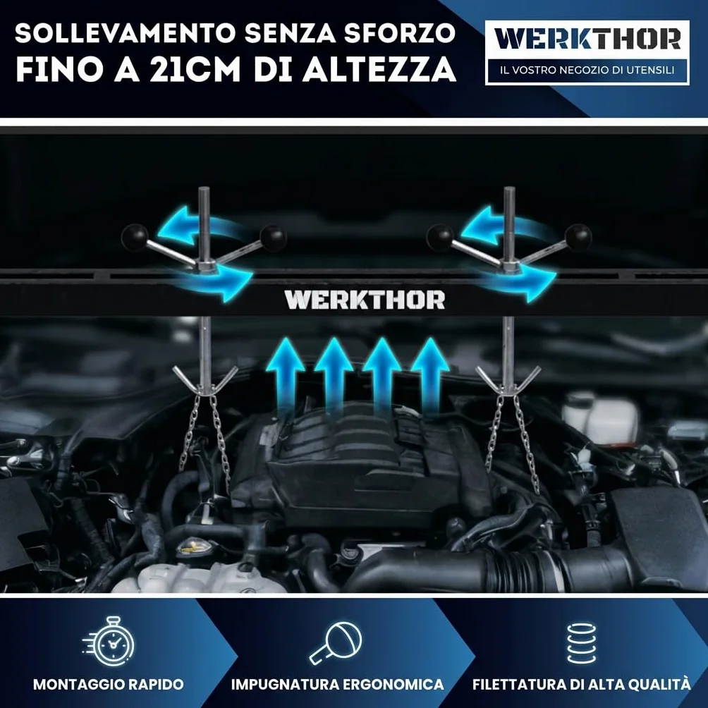 WERKTHOR Ponte motore 500 kg massiccio per auto Traversa parafango regolabile 150 cm Supporto motore 2 catene piedi 360° Ruota motore protezione parafango nero