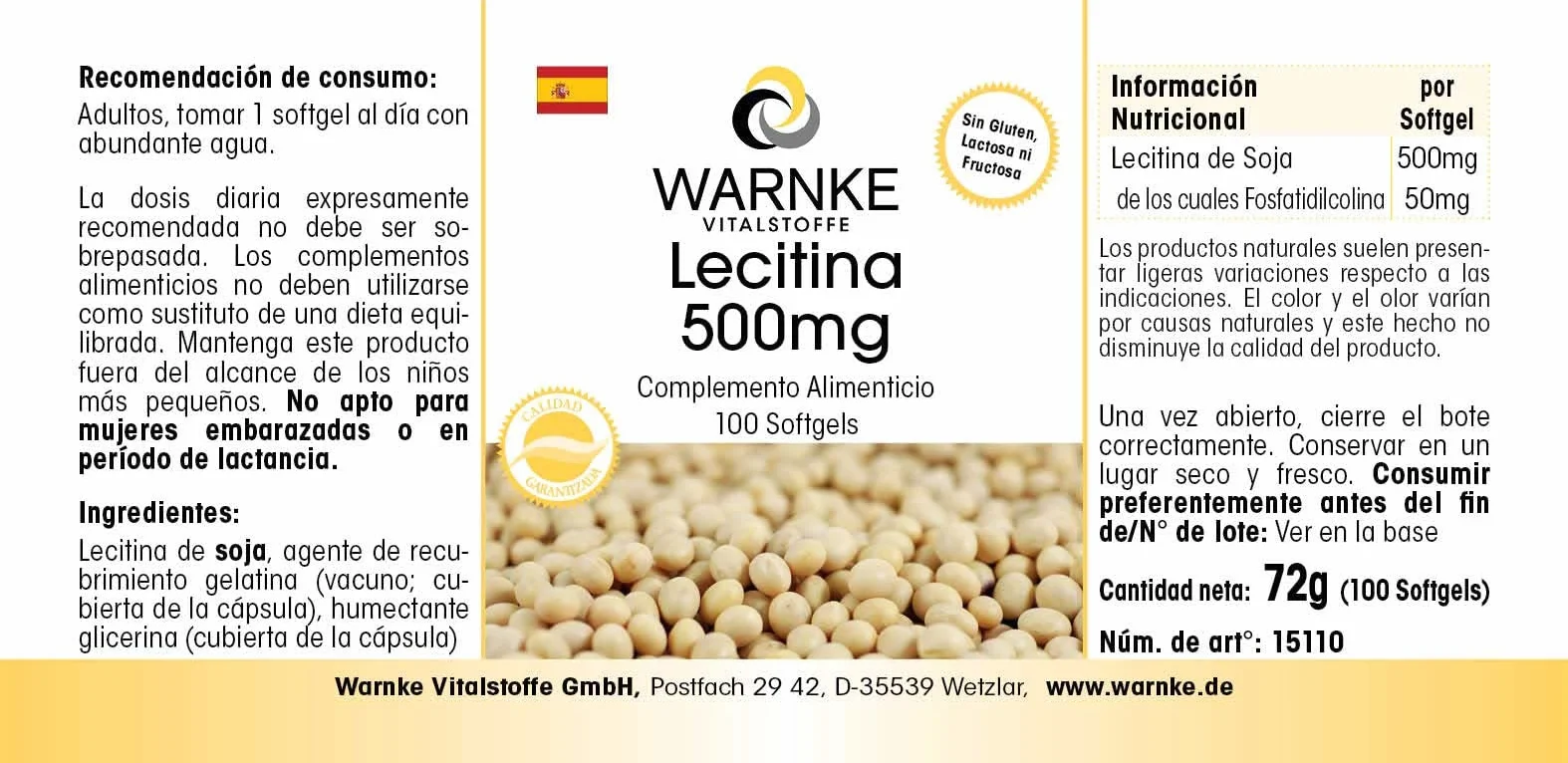 Lecitina di soia capsule molli 500mg - No OGM - 100 Softgels - Warnke Vitalstoffe