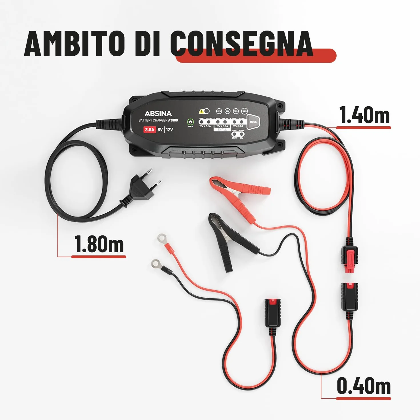 ABSINA Caricabatterie auto automatico - Carica batteria per auto per batterie al piombo-acido da 6V e 12V fino a 120Ah e 12,8V al litio - Mantenitore di carica auto AGM per moto, caravan e altro