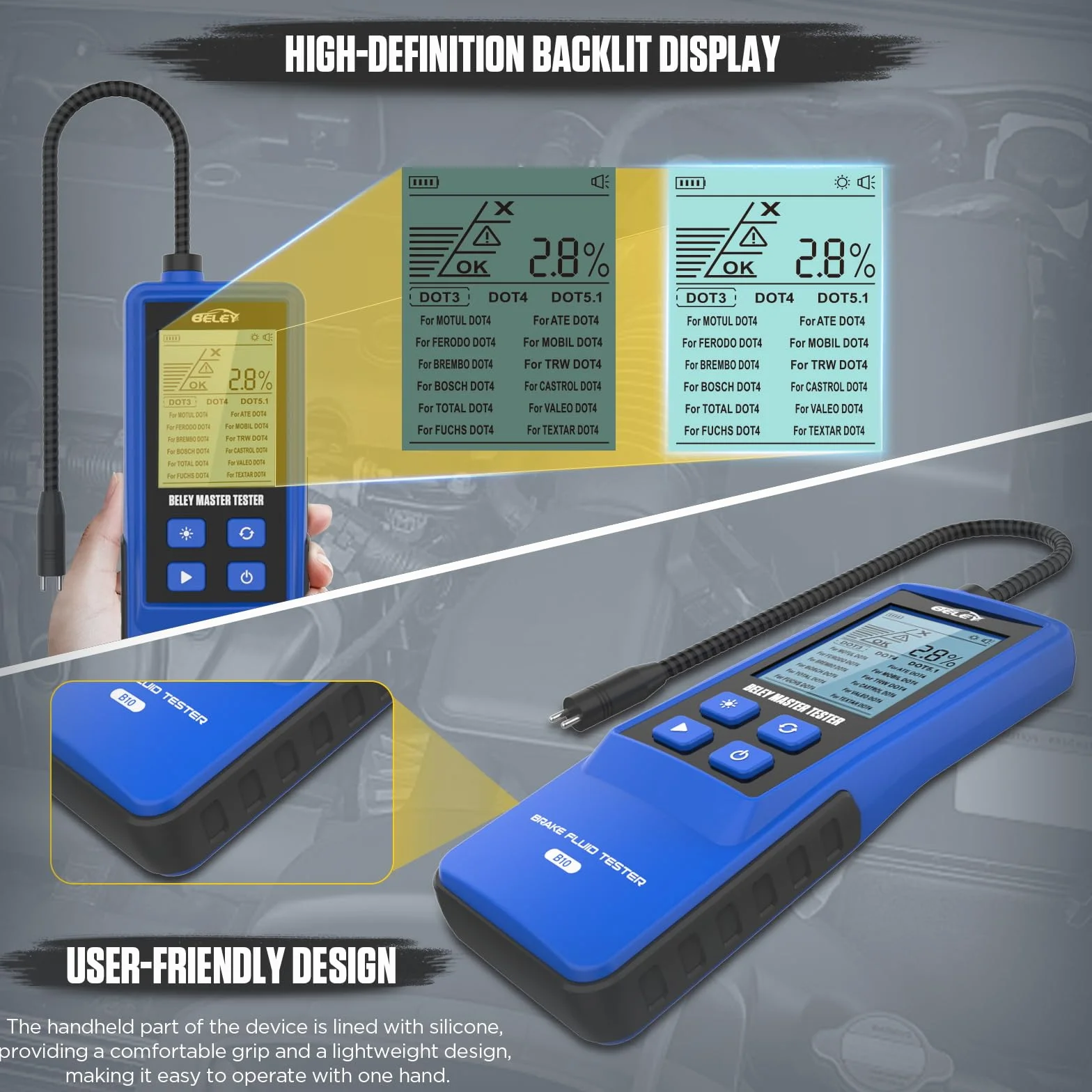 BELEY Tester del Liquido dei Freni per Auto, con Schermo LCD Retroilluminato e Analizzatore di umidità dell'olio con Sonda ad Alta Precisione per Rilevatore Liquido dei Freni DOT3 DOT4 DOT5.1 (Blu)