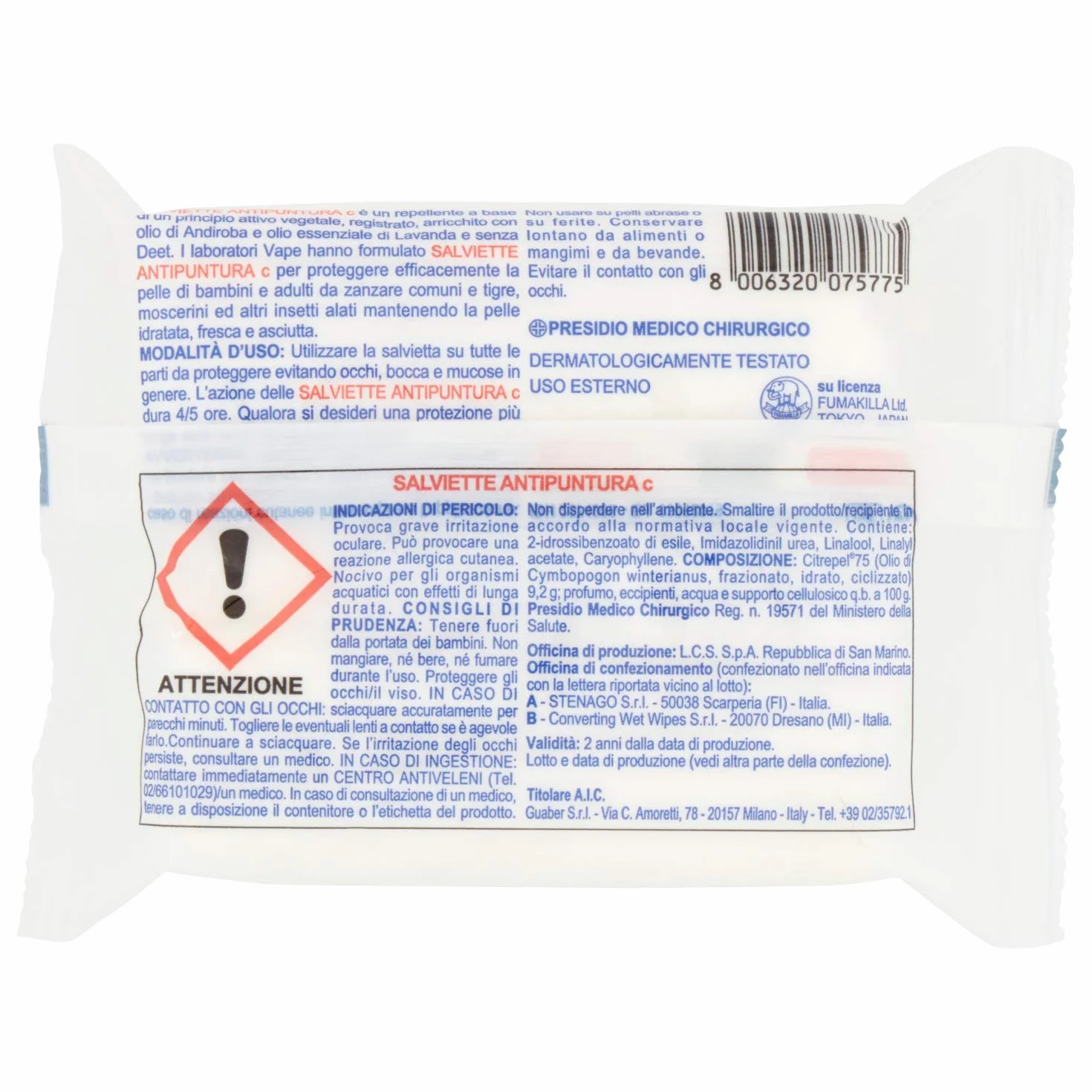 VAPE DERM KIDS Salviette Antipuntira C 15 Salviette Olio di Andiroba Pelle Protetta Zanzare Comuni e Tigre