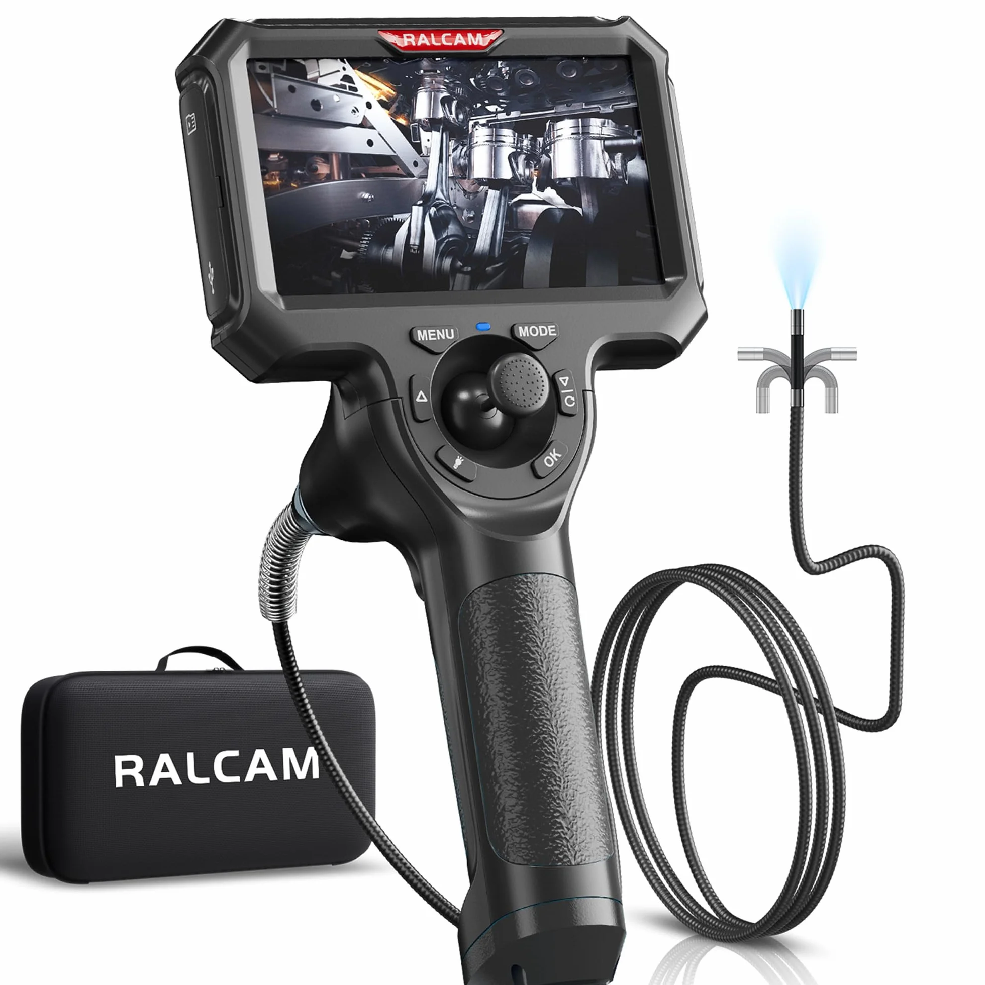 Ralcam Endoscopio 360° Orientabile con Display HD 5" 1280×720, Sonda 6,2 mm, Cavo 1,5 m, IP67 Impermeabile