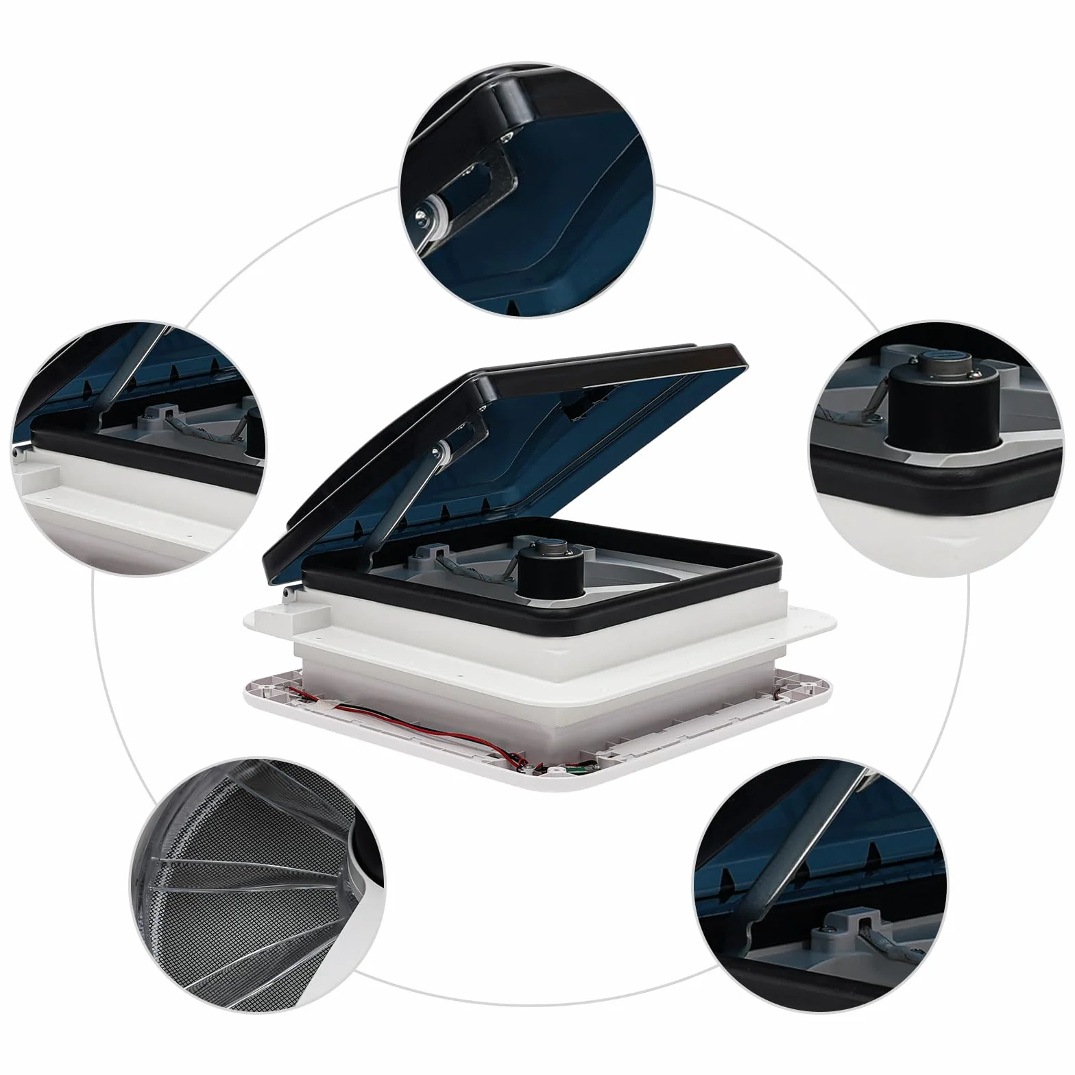 Oblò Camper 36x36 Lucernario per Tetto Ventilatore 12V LED 6 Velocità Motore 5W 20-65dB Kit Camperizzazione Bianco/Nero