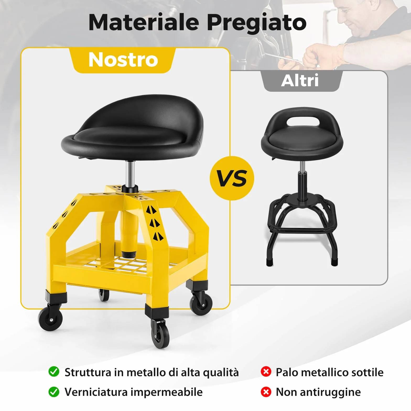 COSTWAY Sgabello da Officina, Sgabello Meccanico Rotante con Vassoio Porta Attrezzi, Regolabile in Altezza e 4 Ruote Universali, Capacità di 150 kg, per Garage, Officina (Giallo)