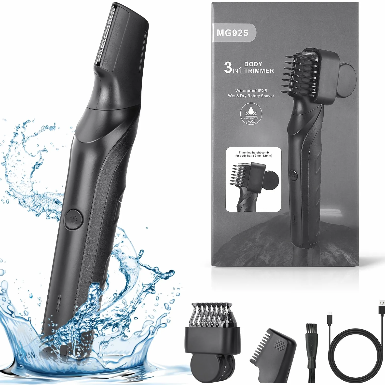 Rasoio Elettrico Corpo Uomo 3 In 1 Impermeabile IPX5 Depilatore Pettini Regolabili 3-12 mm Wet&Dry