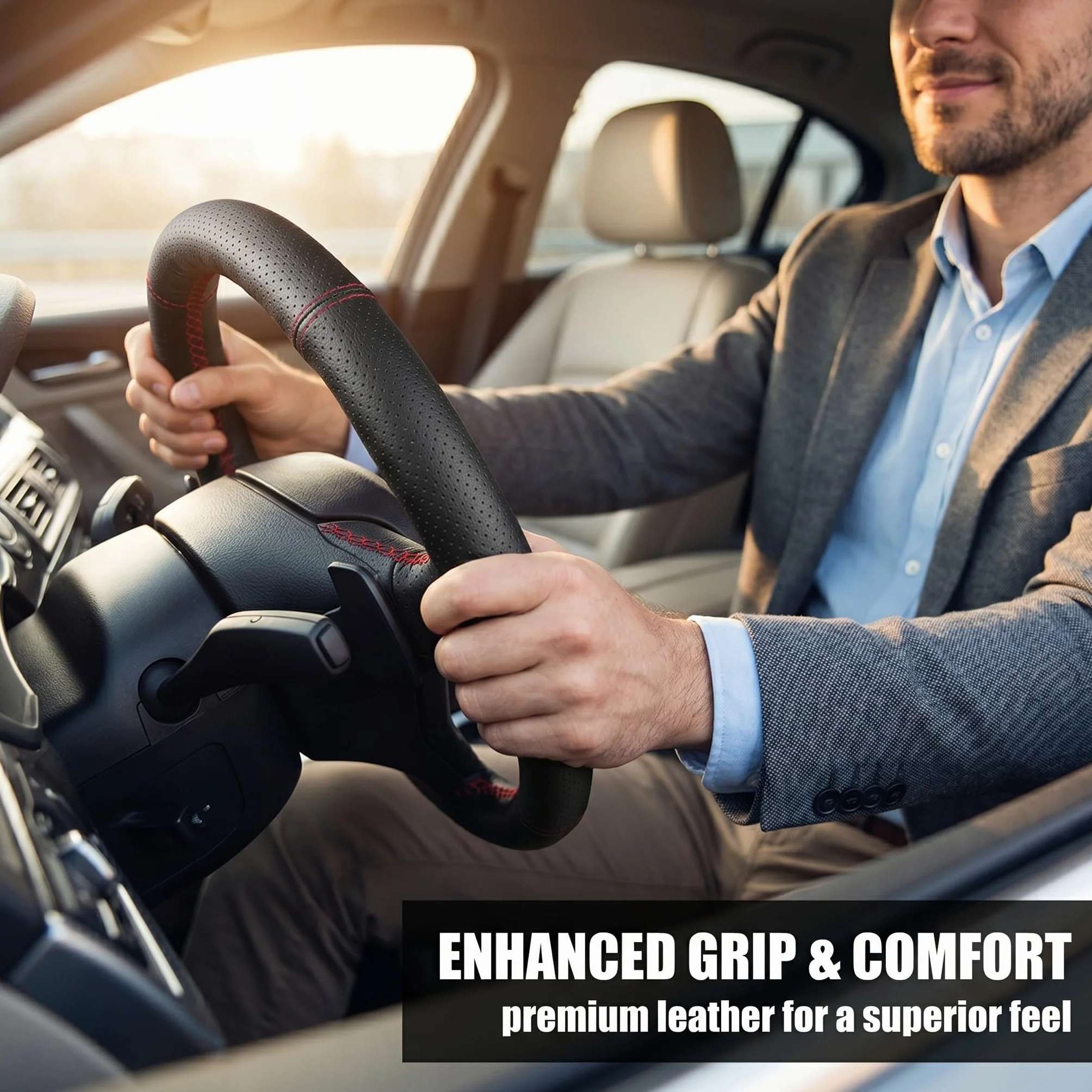 Coprivolante Auto in Pelle da Cucire, Foderatura per Sterzo 38cm con Perforazione Completa e Cucitura Rossa, Kit di Installazione Fai-da-Te per Guida Comoda e Sicura