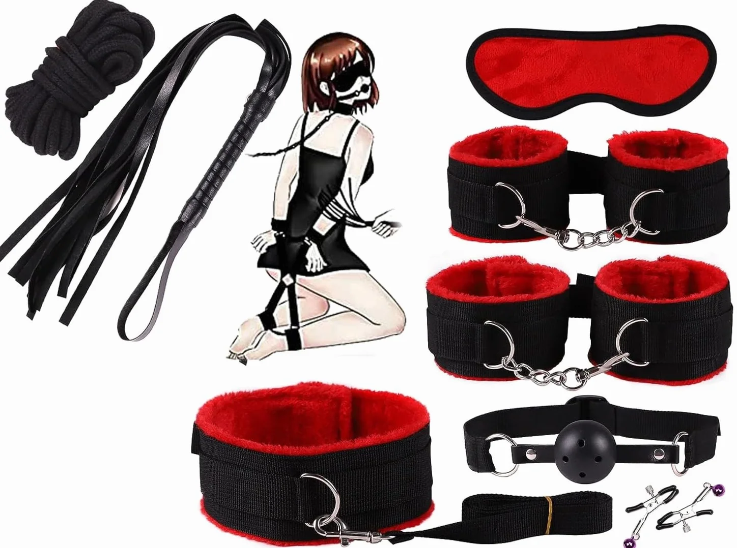 BDSM Rosso Set di Abbigliamento in Nylon da 8 Pezzi per Uomini e Donne