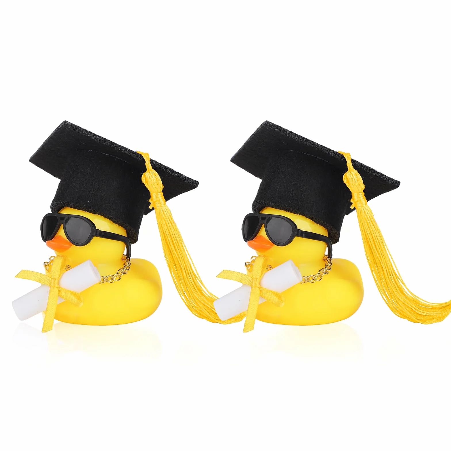 2pz Decorazione Cruscotto Auto a Forma di Paperella Gomma per Laurea, Mini Cappello da Diplomi Collana e Occhiali Sole Grazioso Ornamento di Paperella per Laureati Magistrali e Dottorandi (Giallo)