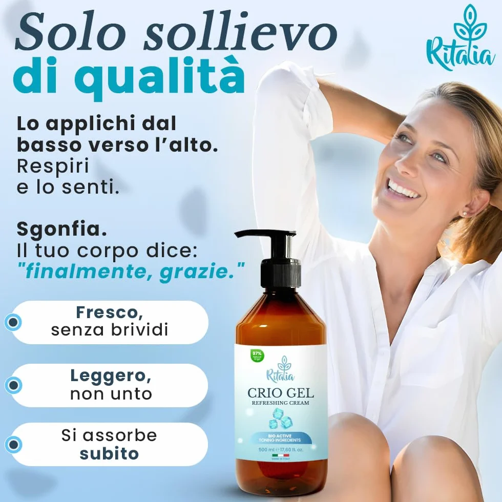 Ritalia Crema Gambe Gonfie Criogel Effetto Freddo 500 ml, per Gambe Pesanti, Circolazione e Microcircolo, Assorbimento Rapido