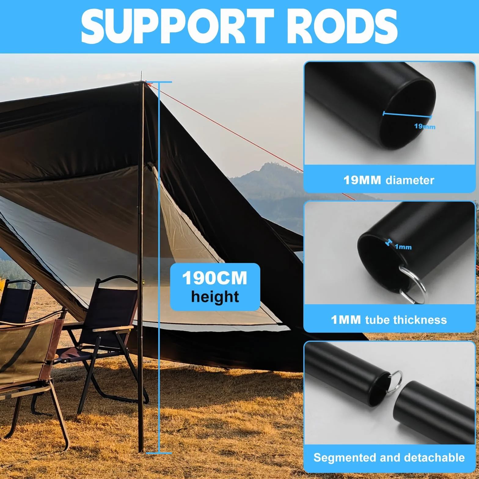 WingFly Tenda Da Campeggio Per Camper, 2,9 X 4,8 M, Tenda Da Sole Impermeabile E Protezione Solare Per Portellone Posteriore, Con Palo (Nero)