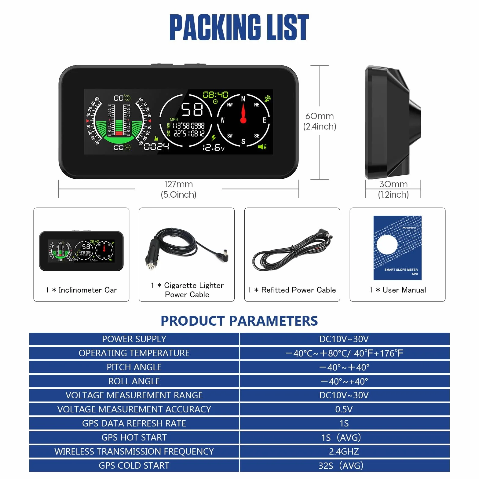 PLAYOCCAR M60 GPS Velocità e pendenza Giroscopio multiasse integrato Indicatore livello inclinazione Contatore velocità Smart Slope Meter