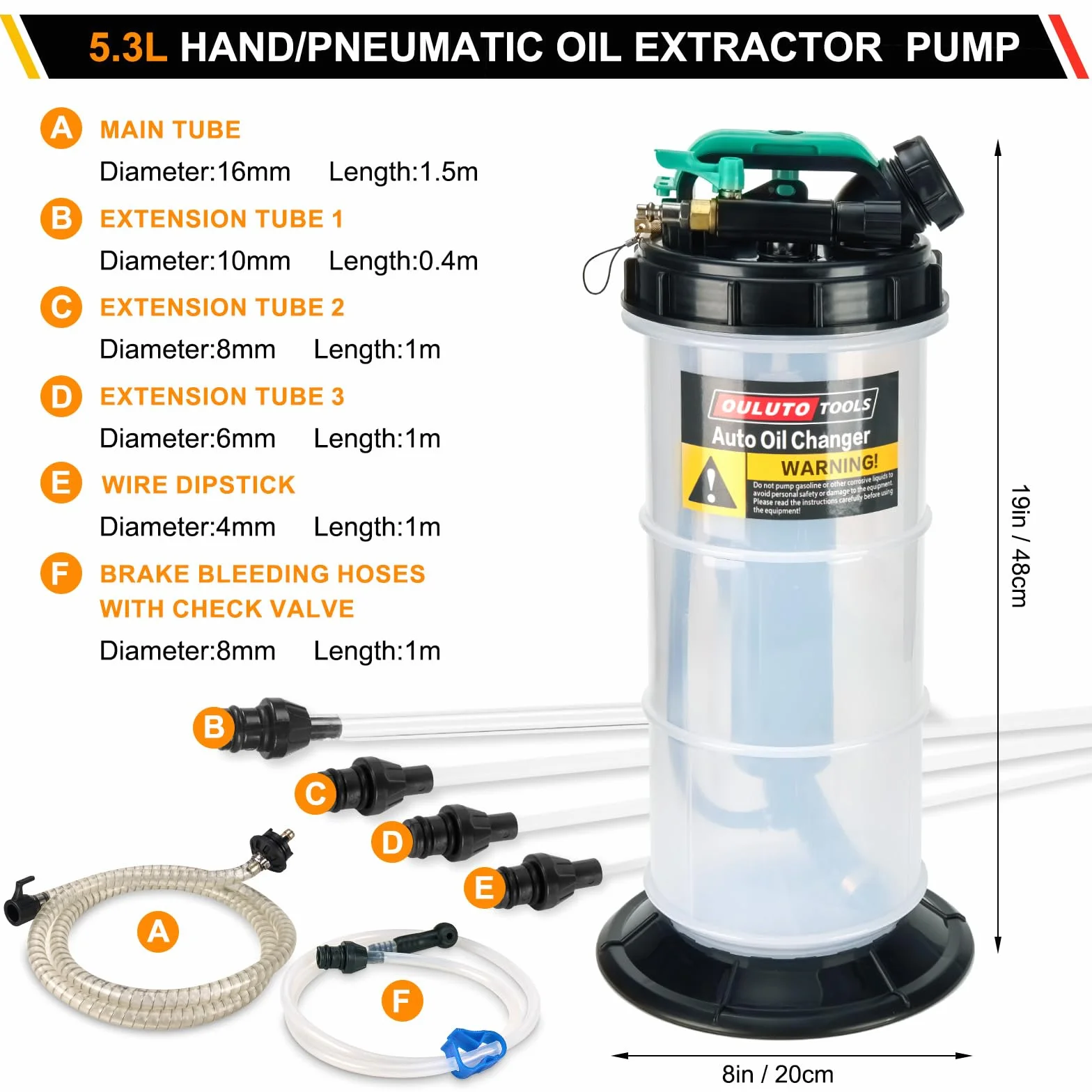 5.3L Manuale e Pneumatico Pompa Aspirazione Olio | Pompa Estrattore Liquidi Olio | Pompa di Aspirazione Liquido Pompa con 6 Tubi, Trasmissione Olio Fluido Pompa Olio Motore Pompa