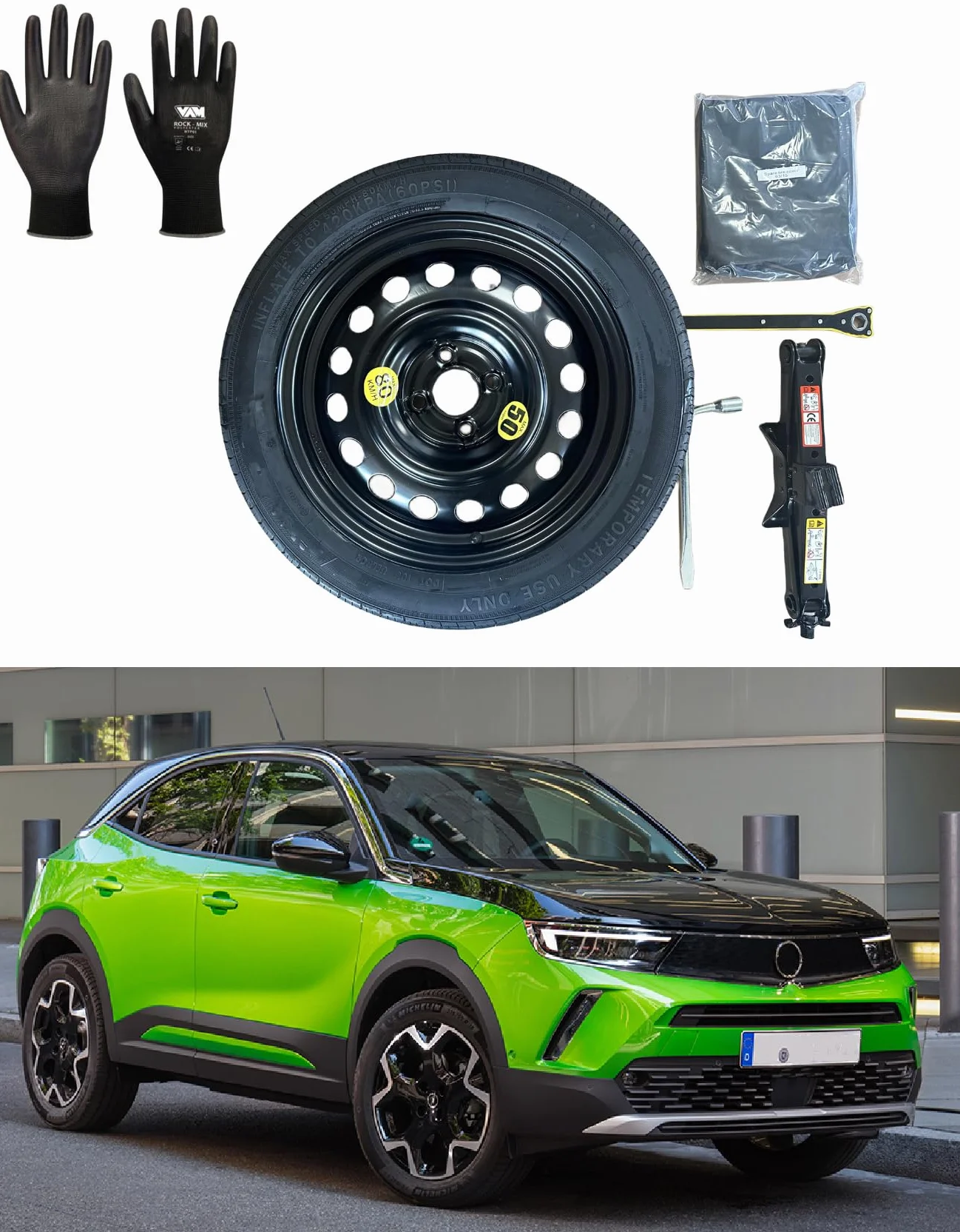 Opel Mokka-E Kit Ruotino di Scorta 17" con Cric, Chiave, Guanti e Sacca