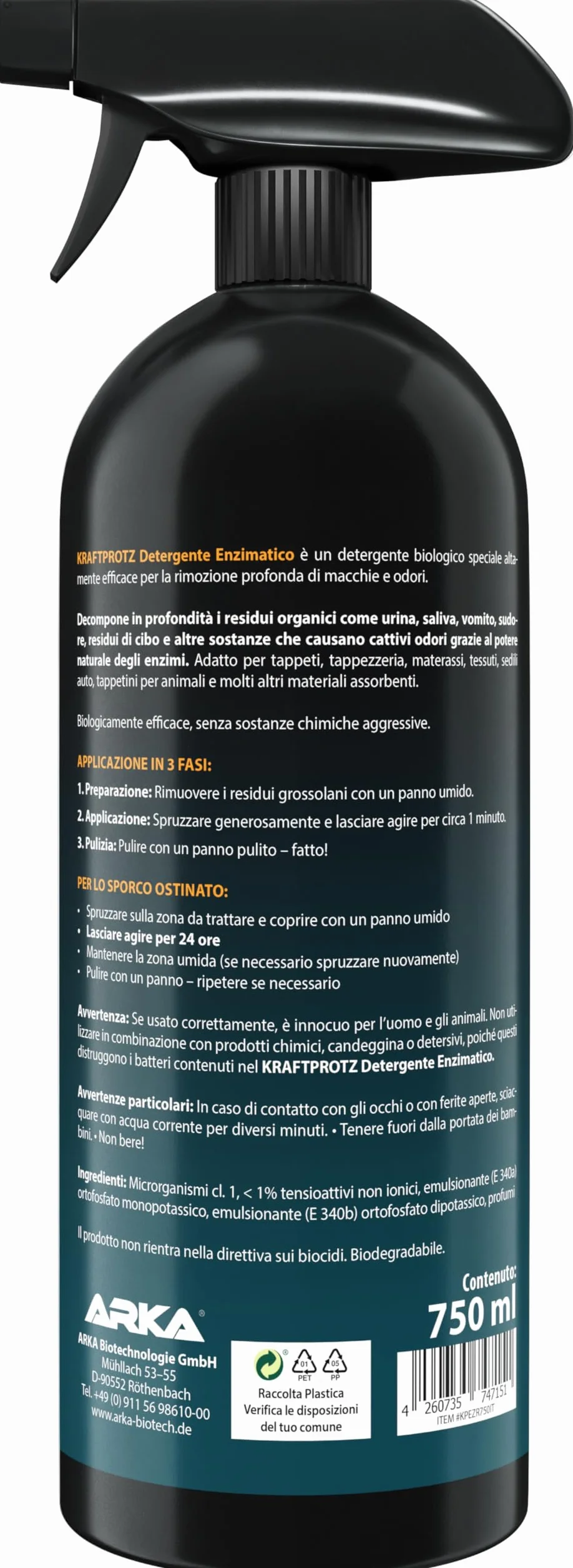 KRAFTPROTZ Detergente enzimatico 750 ml rimuove macchie odori urina sudore tappeti tessuti materassi