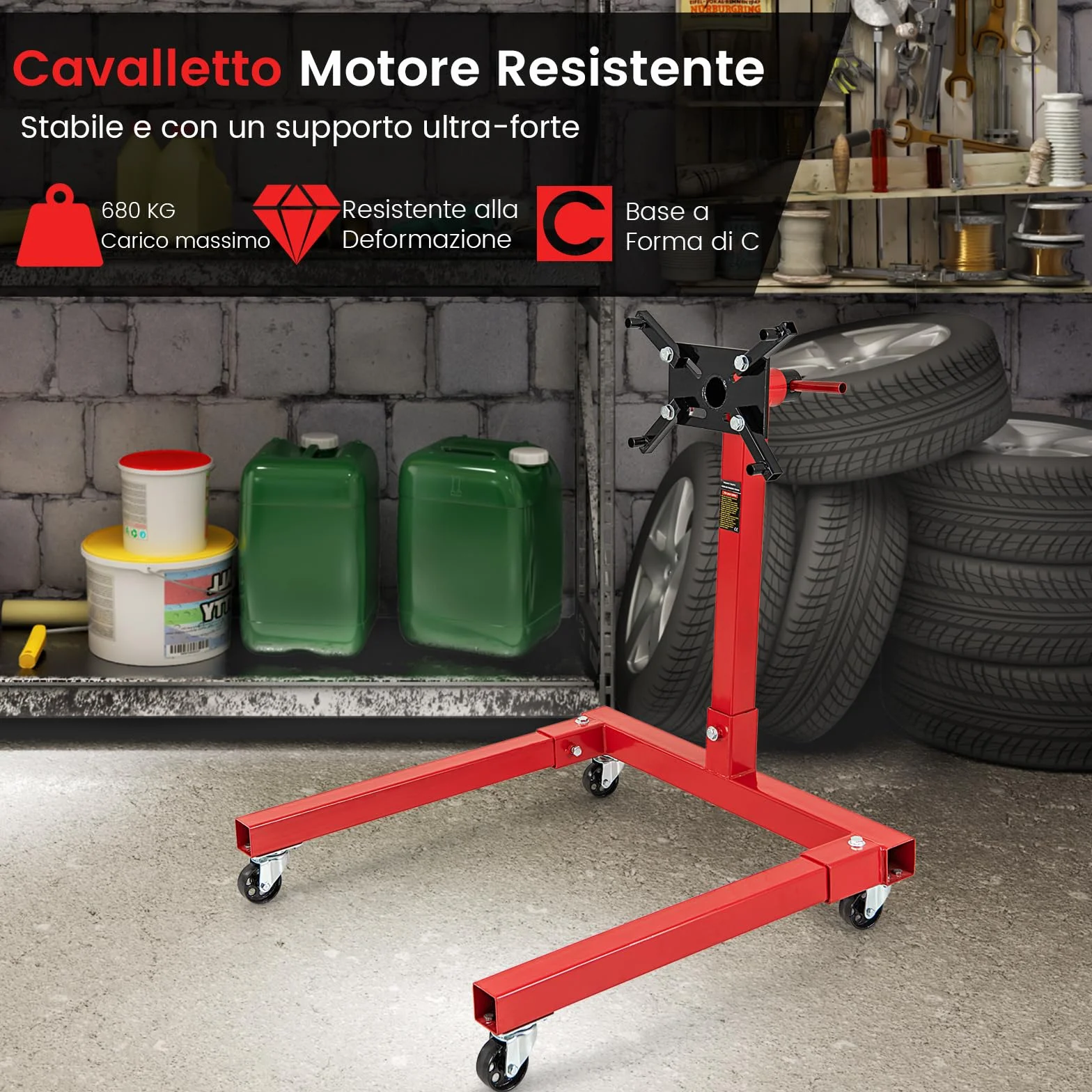 GYMAX Carrello Motore 680kg 3/8 Tonnellate Testa Girevole 360° 3 Ruote 4 Bracci Regolabili Supporto Motore Pesante