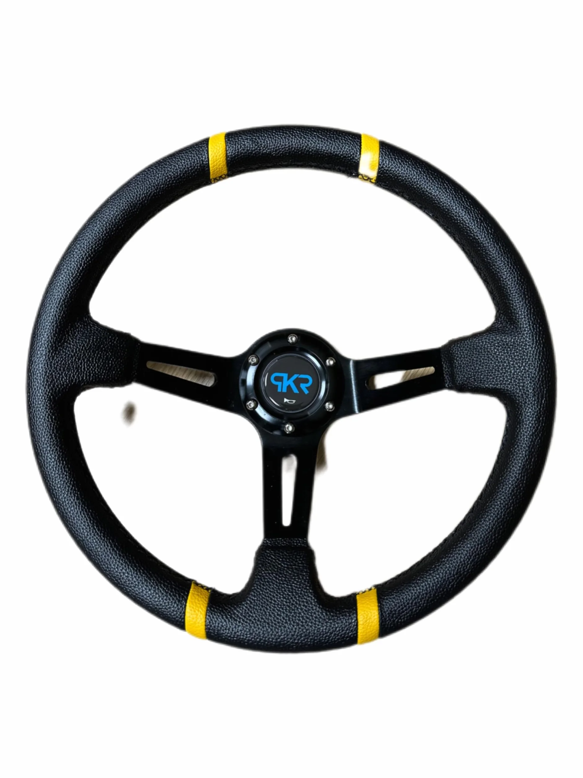 PKR VOLANTE SPORTIVO A CALICE NERO CON STRISCE GIALLE SPORTIVO UNIVERSALE AUTO RALLY SPORT GARE RADUNI TUNING