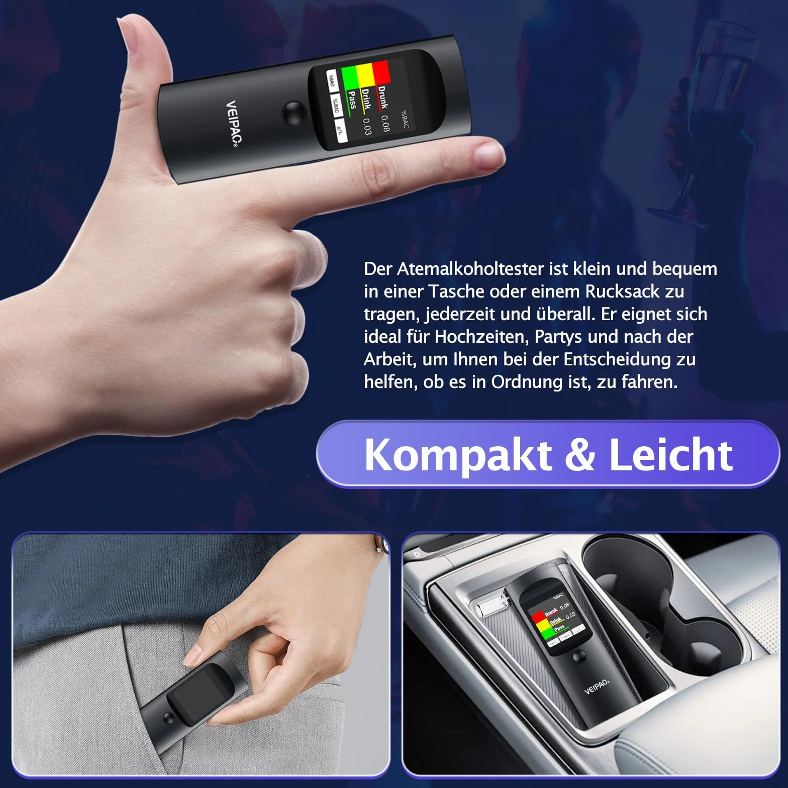 Etilometro Portatile Certificato Alcol Test Professionale Italiano con 11 Boccagli Schermo LCD Digitale Alta Precisione Nero