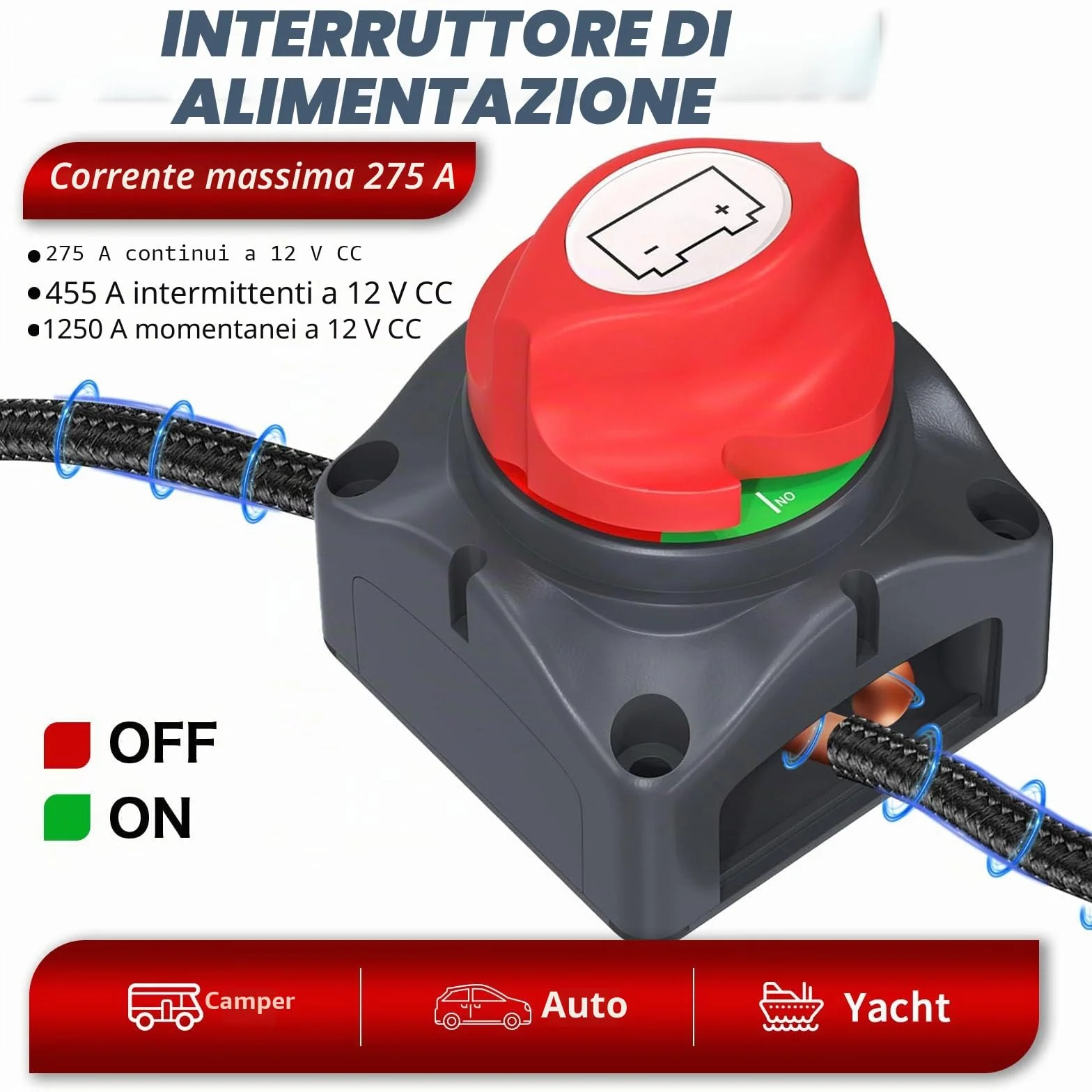 2 Pezzi Interruttore Stacca Batteria 275 A, Staccabatteria 12V 48V Interruttore di alimentazione Sezionatore batteria Master Disconnessione Batteria per Camper Yacht Barca Camion Autobus