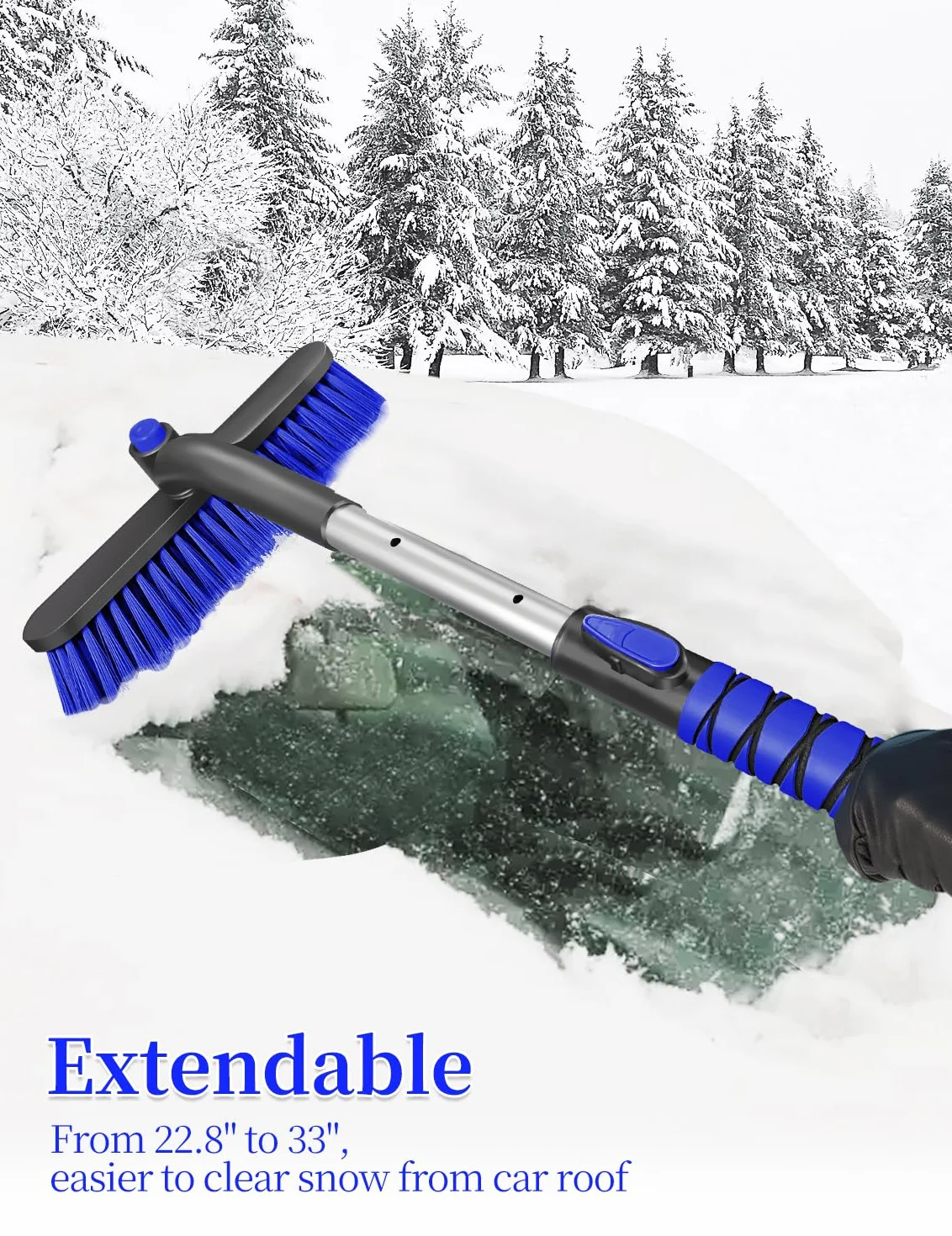 HEEYA Raschietto per Auto 32,6 cm, Spazzola da Neve e Raschietto per Ghiaccio Estensibile per Parabrezza, SUV, Camion, Blu
