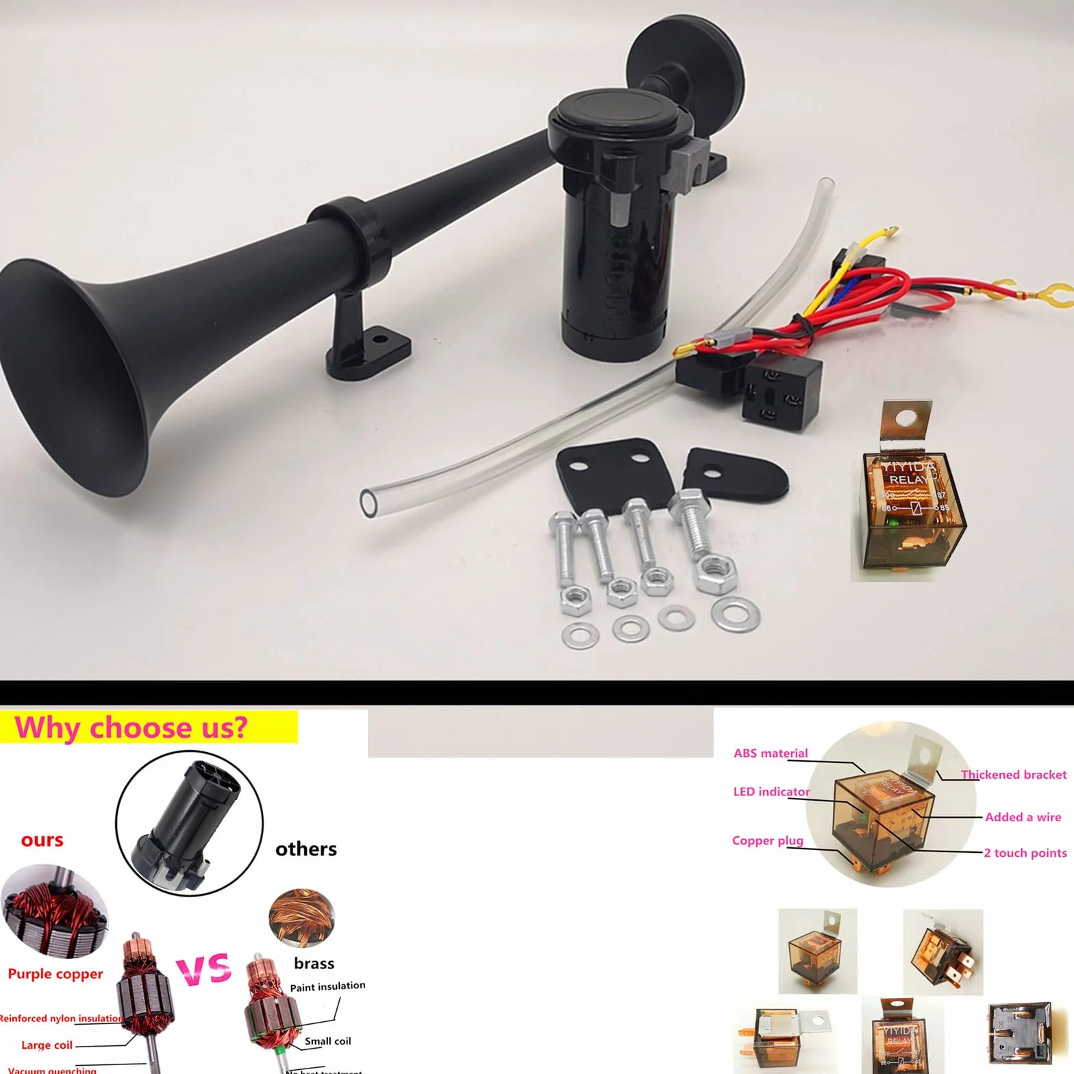 Clacson per auto 24V Car Horn 150DB Tromba ad aria Tromba elettrica 45cm Clacson Cromo Zinco Nero Tromba per camion con compressore pompa dell'aria Air Horn per 24V camion van moto barca ecc