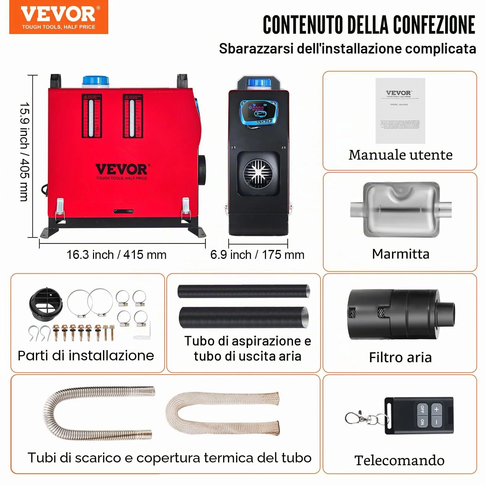 VEVOR scaldabagno diesel 12V 8kW riscaldamento aria 0,18-0,48 cm per auto camper